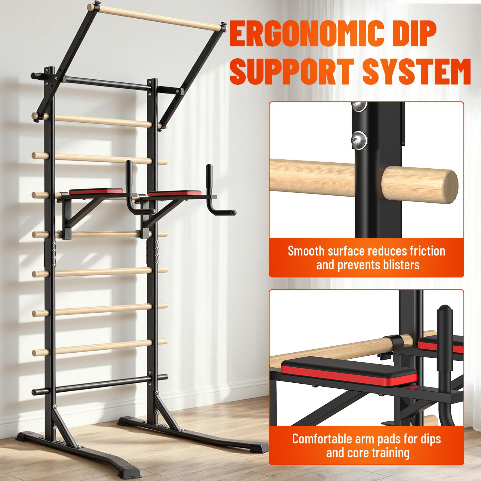 Power Tower Dip Station mit Klimmzugstange, Freistehende Sprossenwand, 150kg Tragkraft, ohne Wandmontage, Kraftstation für Zuhause und Krafttraining, 228cm