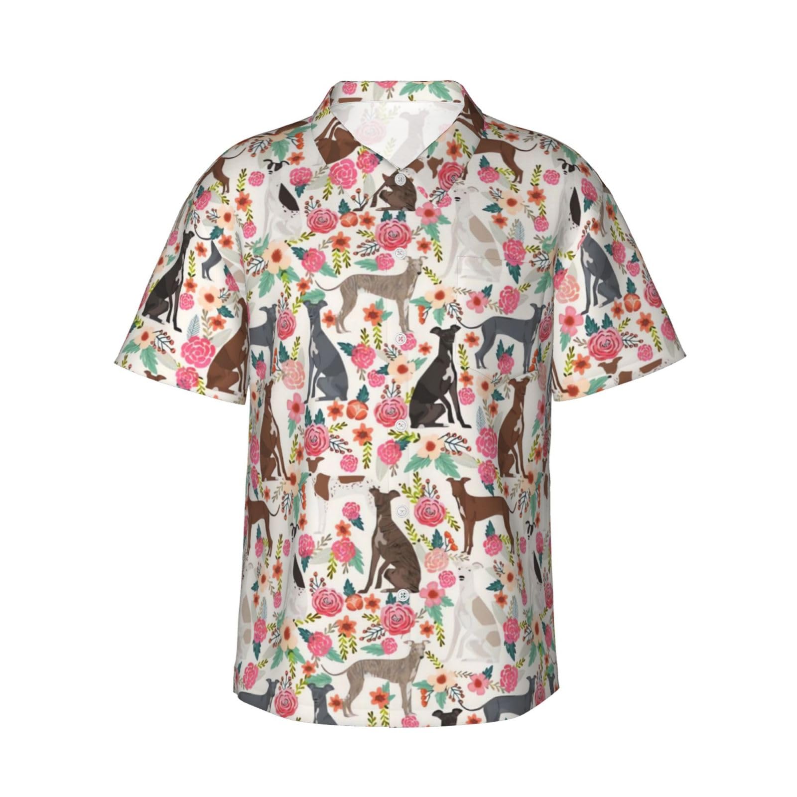 Sanfutian Men's Italian Greyhound Dogs Lovers Flower Floral 3D Print Casual Button Down Shirts, Novelty Hawaiian Short Sleeves 3XL