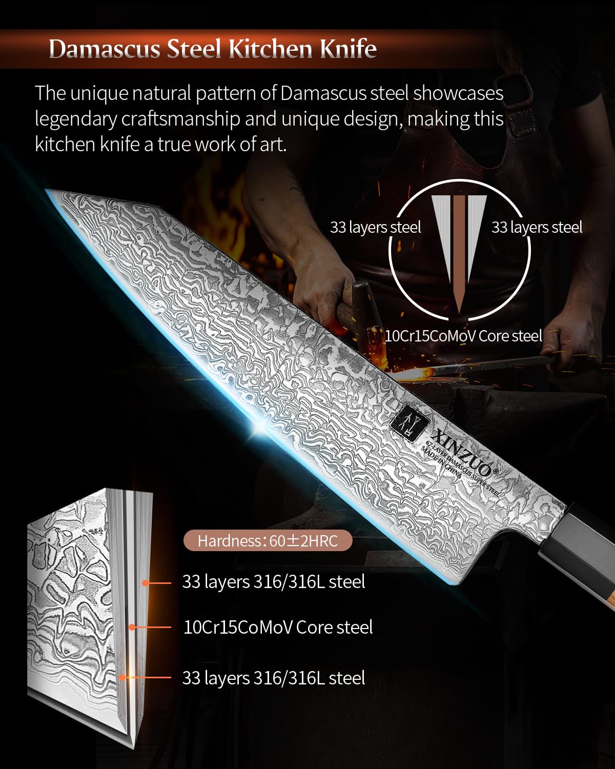 XINZUO Coltello da Cuoco Kiritsuke 21,5cm Acciaio Damasco Stile Giapponese Forgiato a Mano