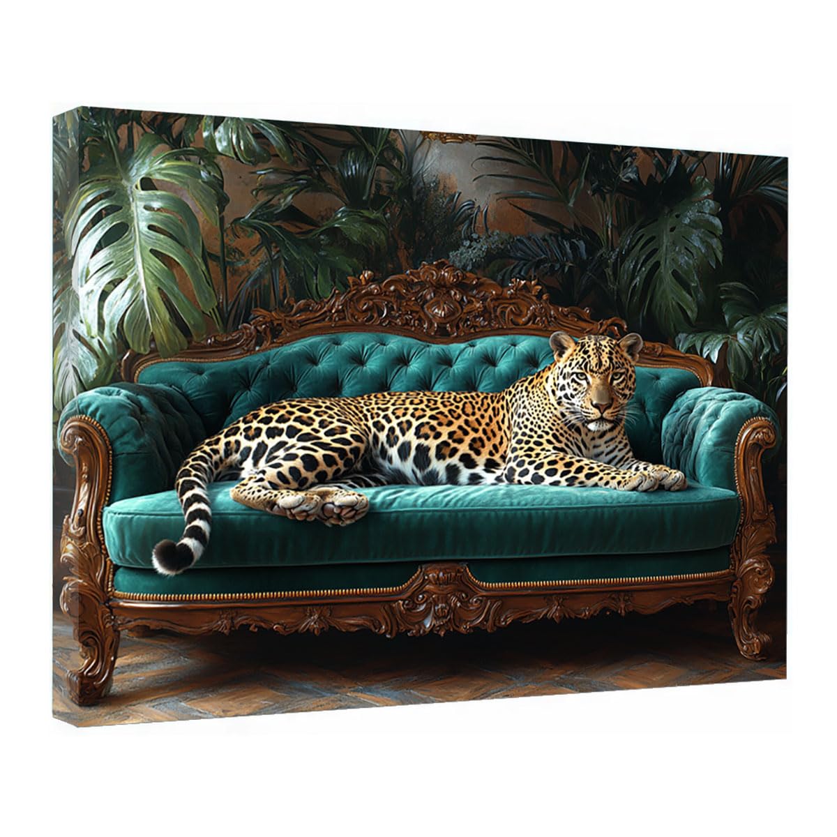TZKRWRH Leopard Canvas Print Animals Preppy Poster Leopard On Green Sofa Cheetah Modern Maximalist Boho Wall Art Panther Painting Vintage Canvas Office(Green 54)-60x90cm Framed