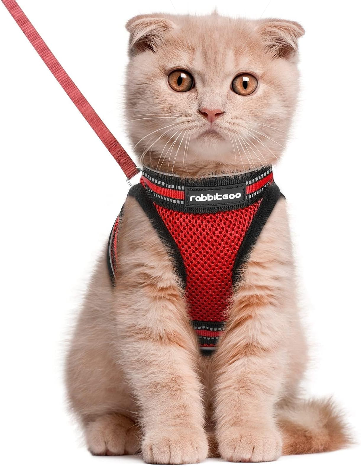 rabbitgoo Cat Harness and Leash Set for Walking Escape Proof, Adjustable Soft Kittens Vest with Reflective Strip for Extra Small Cats, Comfortable Choke-Proof Outdoor Vest Harness, Red, Large