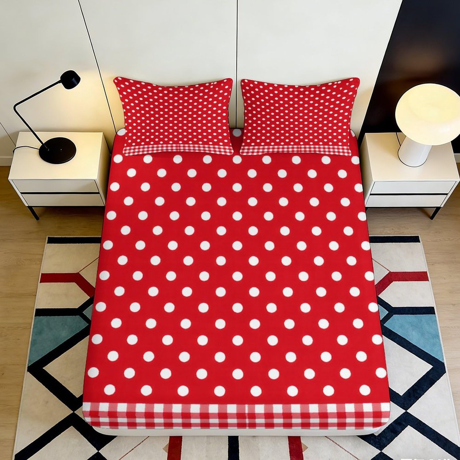 Jqzkxnhpbr Style-3 3D Printed Red Polka Dot Fitted Sheet Microfiber Soft Bedroom Decor Checked Bed Cover Mattress Protection 90X200x25cm