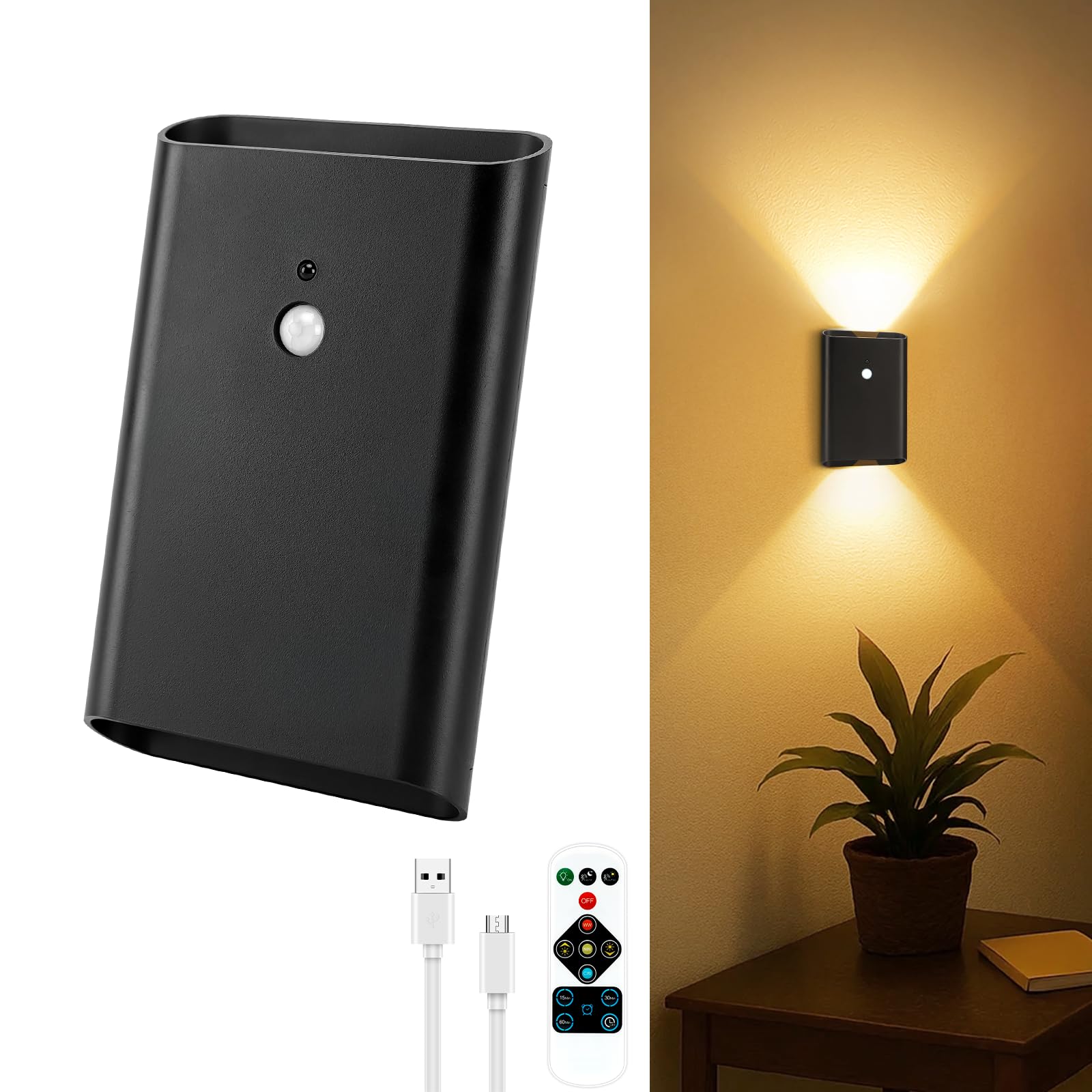 Toowell Wandleuchte Innen Akku mit Bewegungsmelder,5000mAh Wandlampe Akku mit Fernbedienung,Wandleuchte Ohne Stromanschluss mit 3 Modi,USB Aufladbar Schwarz Wandlampen für Schlafzimmer Flur