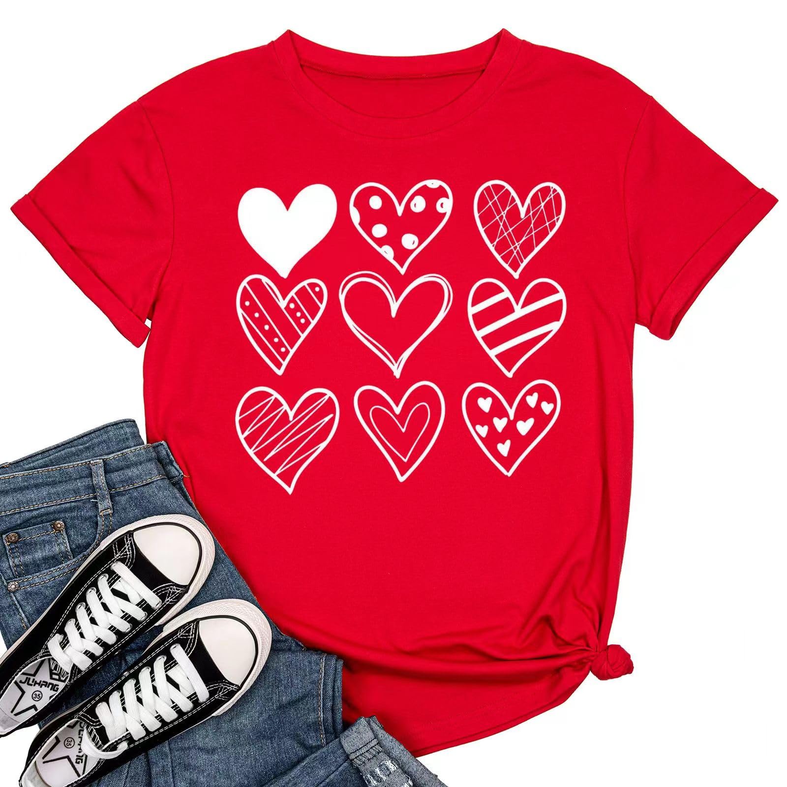 BeopjeskWomens Valentine's Day Graphic Tees Short Sleeve Heart Printed Shirts Blouse Tops