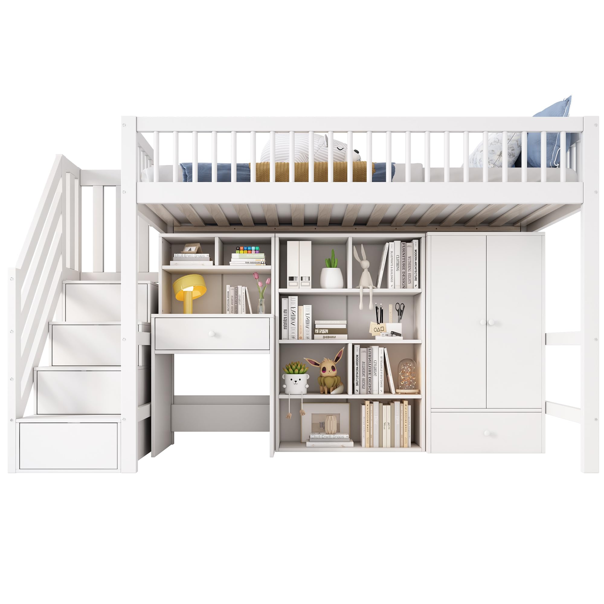 Merax Kinderbett Hochbett 90x200cm, mit Treppe Staufach Stauraum,Kleiderschrank,Schreibtisch und Bücherschrank, Etagenbett mit Lattenrost,Rausfallschutz, Ohne Matratze,Weiß/252.5×95×150cm