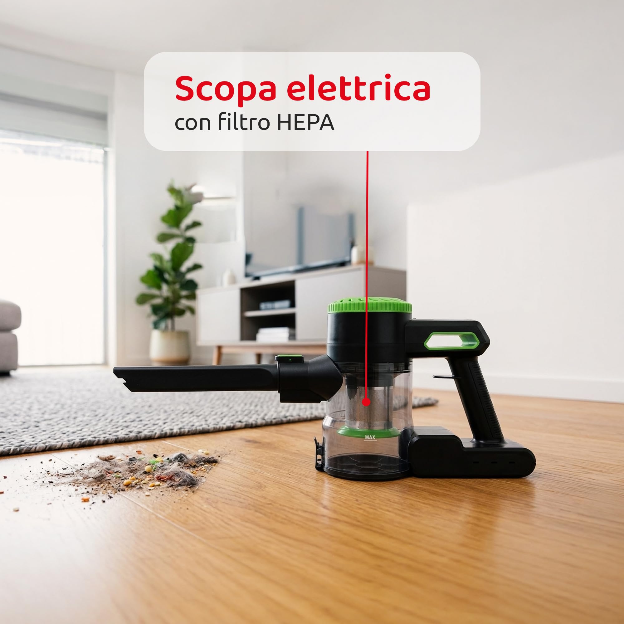 Melchioni Family Turbiny Bezprzewodowy mop elektryczny, 2 w 1, silnik prądu stałego 160 W, akumulator litowy 22,2 V, technologia cyklonowa, filtr HEPA, bezprzewodowy odkurzacz z zestawem akcesoriów i