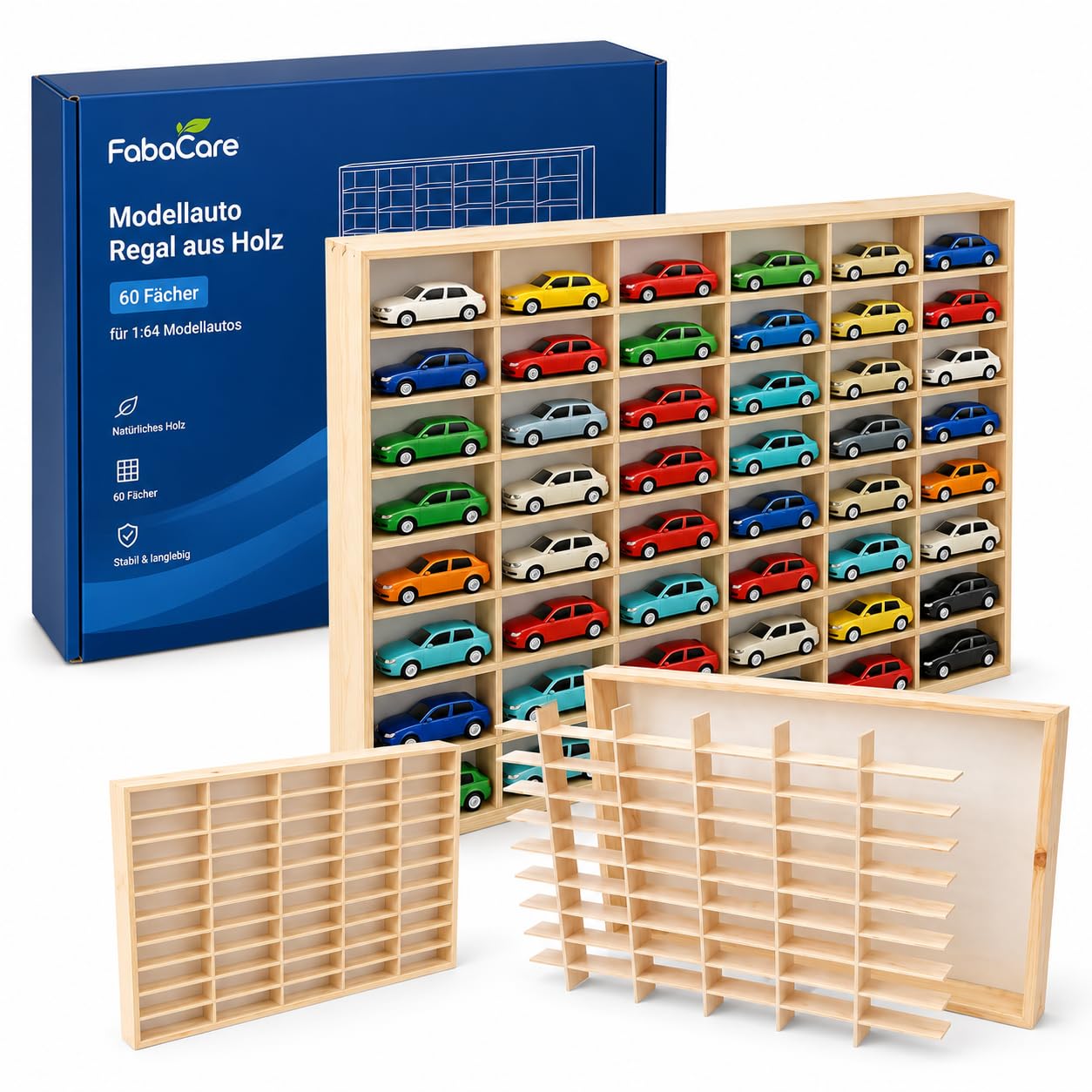 FabaCare Modellauto Regal aus Holz Setzkasten mit 60 Fächern zur Aufbewahrung von Spielzeugautos | Wand- oder Standregal für das Kinderzimmer & Sammler