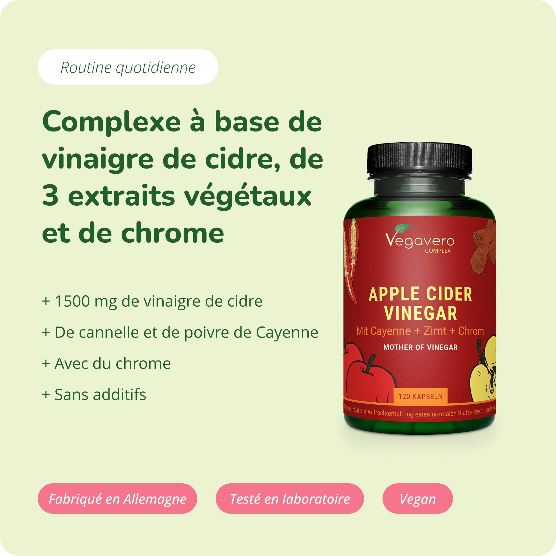 Complexe Vinaigre de Cidre 1950mg | Avec Chrome, Cannelle, Gingembre et Piment de Cayenne | Glycémie + Keto | 120 Gélules | Sans Additifs & Vegan | Vegavero®