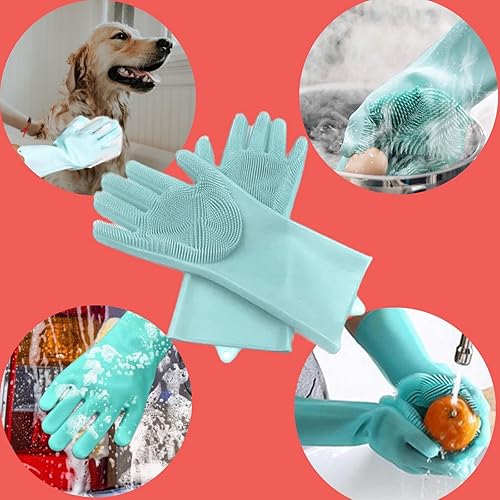 Miniatura 2 de ALAZCO 1 par de guantes de silicona sin BPA para lavar platos de cocina guantes de silicona para limpieza de cerdas suaves cuidado de mascotas