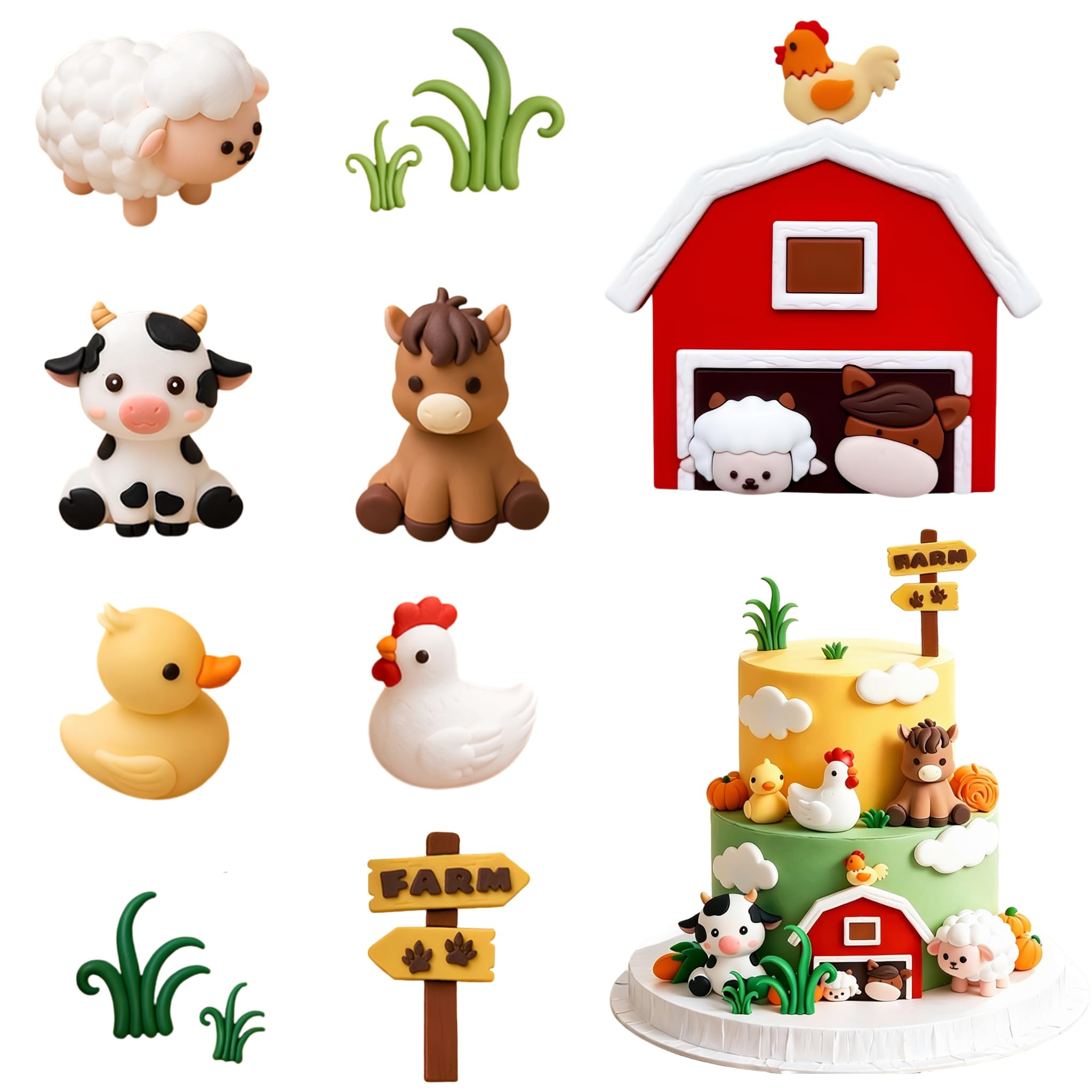 11Pcs Farm Animal Cake Decoration Set, Cute 3D Cake Toppers Birthday Topper