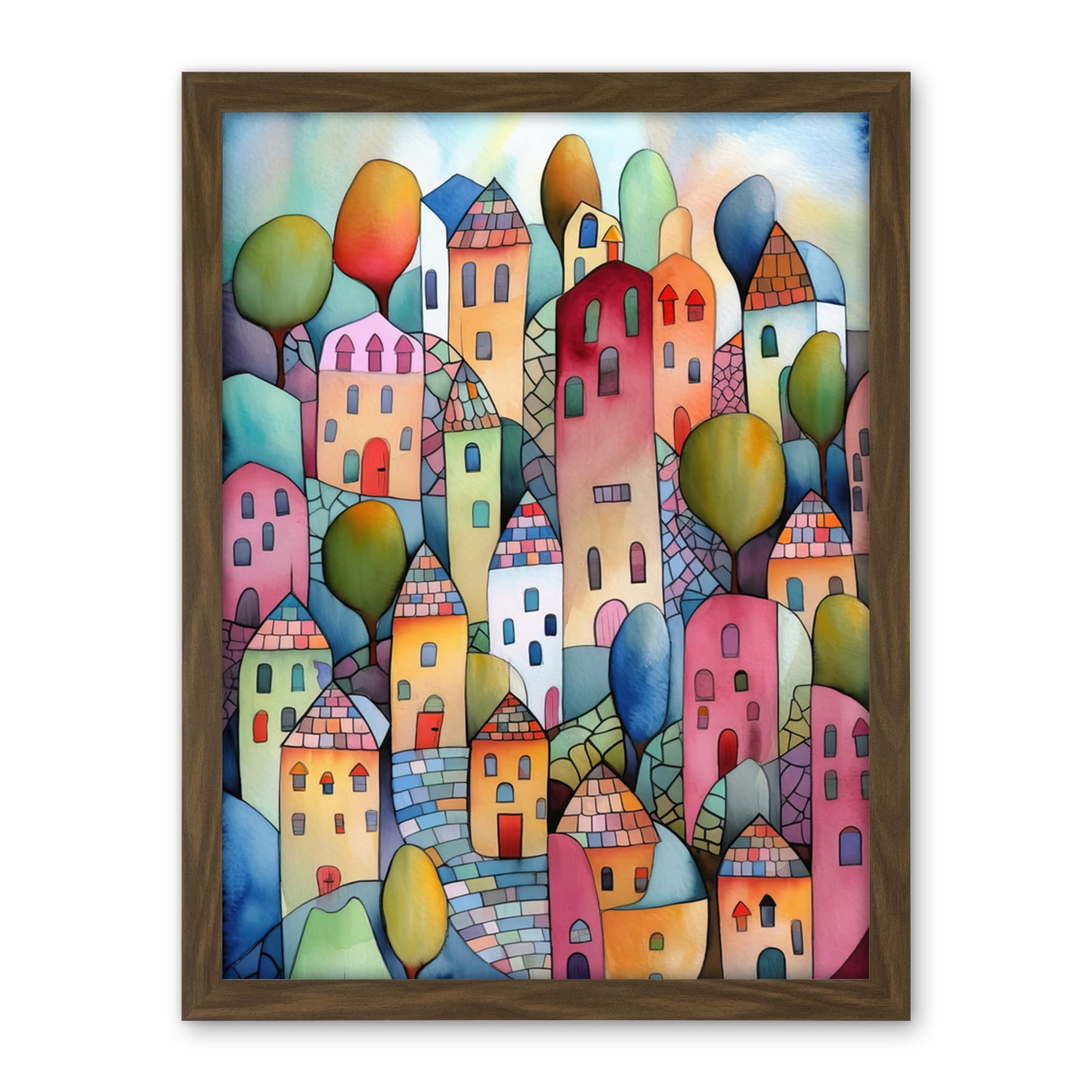 Artery8 Village On The Hill Cobble Streets Folk Art Artwork Framed Wall Art Print 18X24 Inch