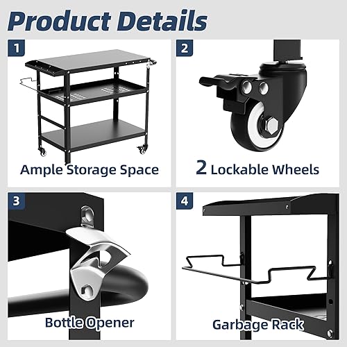 Miniatura 2 de Xilingol Carrito de parrilla al aire libre, mesa de soporte para horno de pizza con ruedas para patio exterior, mesa de preparación de cocina al