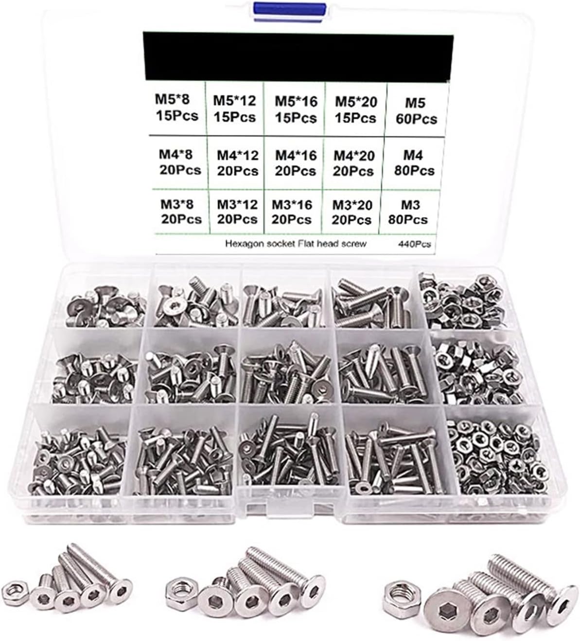 Youngran 440pcs Allen Key Head Hex Socket Screw Set M3 M4 M5 Stainless Steel Flat Countersunk Head Bolt and Nuts Screws Assortment Kit Leisurely