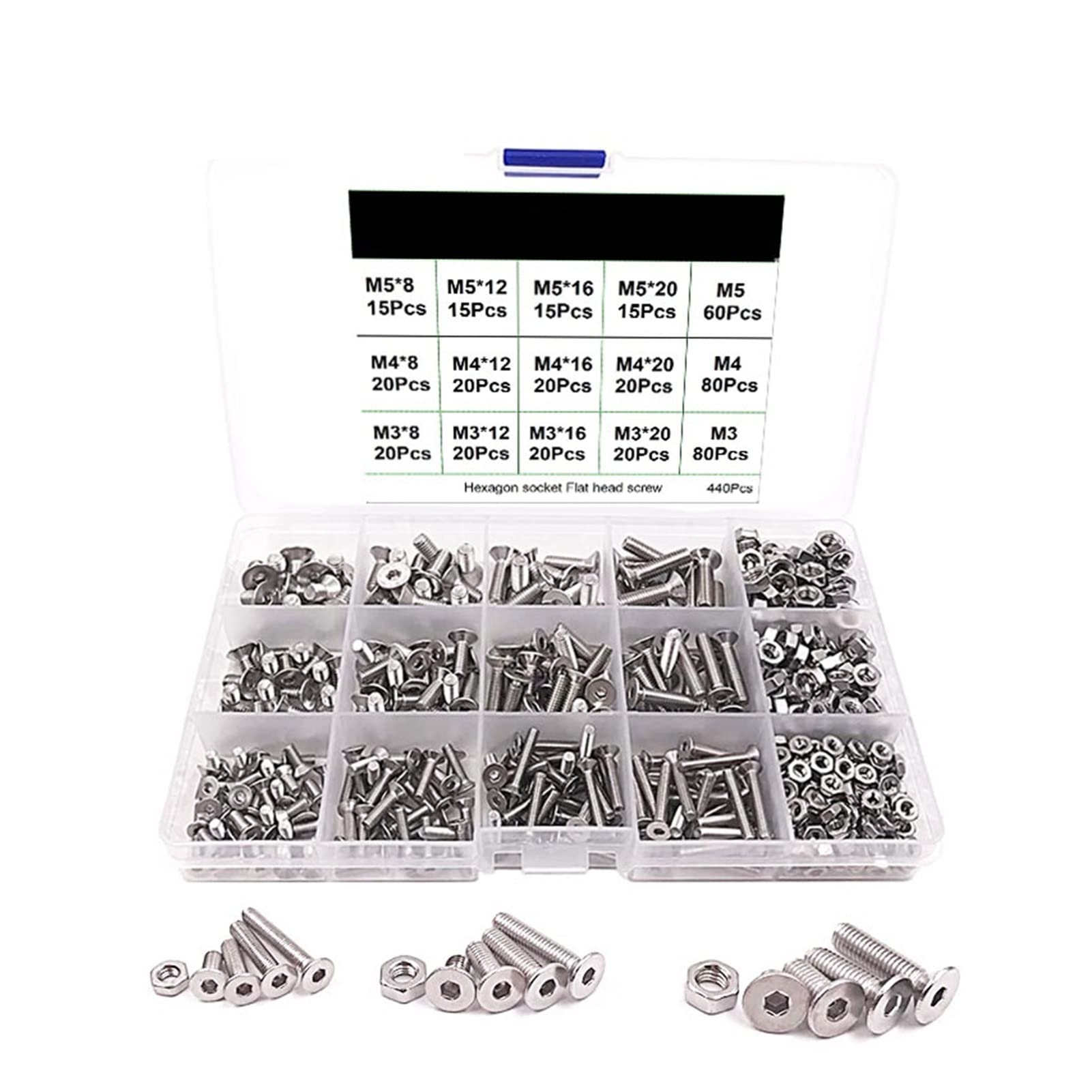 Youngran Conjunto de Tornillos Hex Hex Hex Hex Hex Hex M3 m4 m5 Perno de Cabeza Plana de Acero Inoxidable Perno de Cabeza y Tuercas Kit de Surtido de Tornillos Leisurely