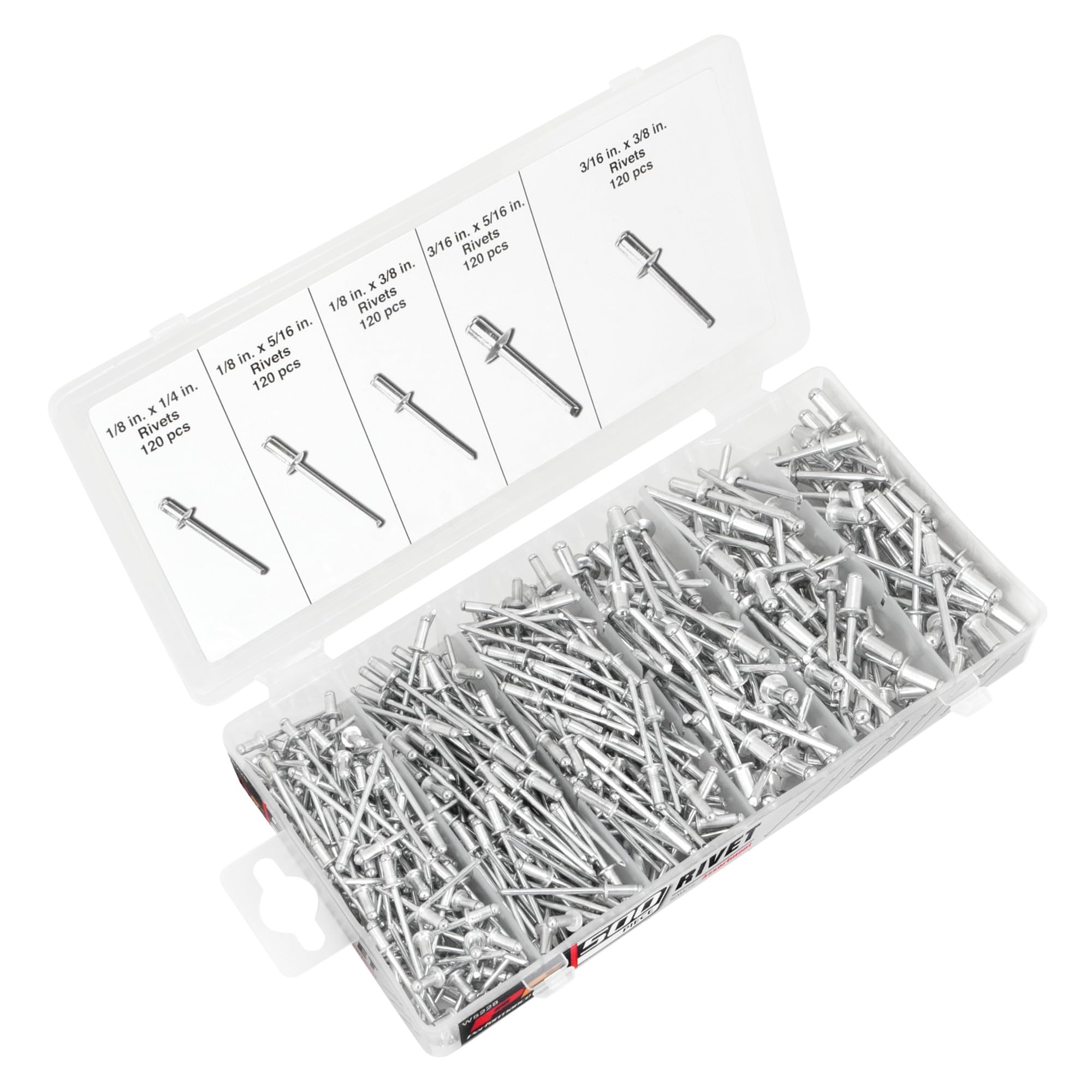 PERFORMANCE TOOL W5228 Zestaw narzędzi do nitów aluminiowych w zamykanej plastikowej walizce (500 sztuk)