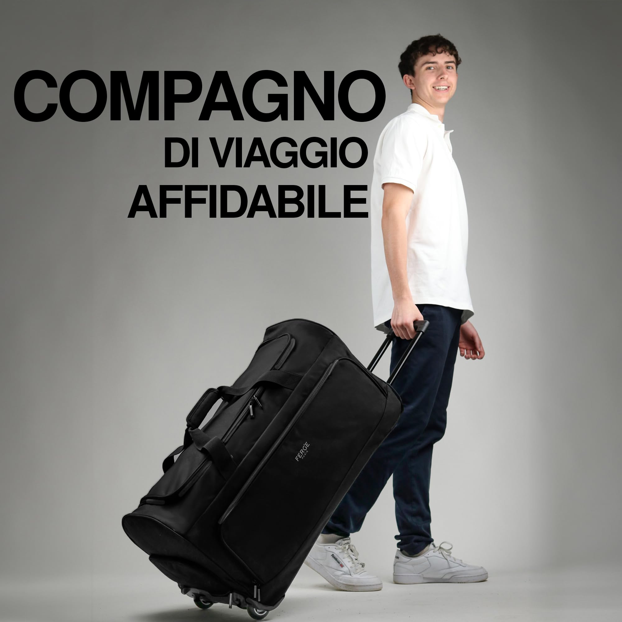 FERGÉ borsa da viaggio con ruote PARIS | scomparto separato per le scarpe bagaglio morbido trolley da viaggio weekender Paris 90 litri, nero