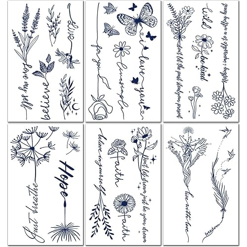 CHARLENT Tatuajes semipermanentes para mujeres y niñas, 2 semanas de duración, impermeables, realistas, palabras de flores, tatuajes temporales, se