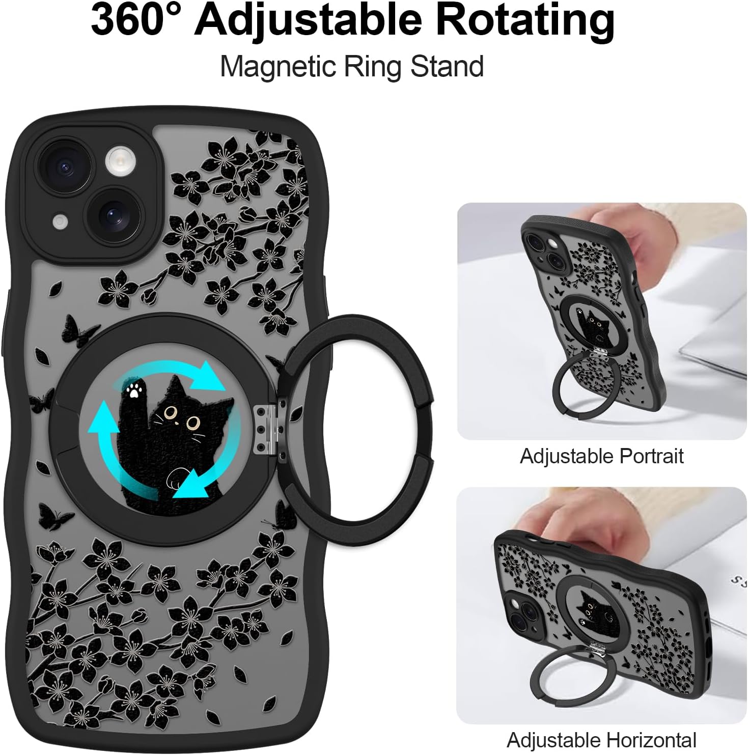 Wavy Case for iPhone 14 Case with Stand [Compatible with MagSafe] Cute Black Cat & Floral & Butterflies Pattern Design, Kawaii 360 Magnetic Ring Kickstand Phone Cover for Women Girls - Image 3