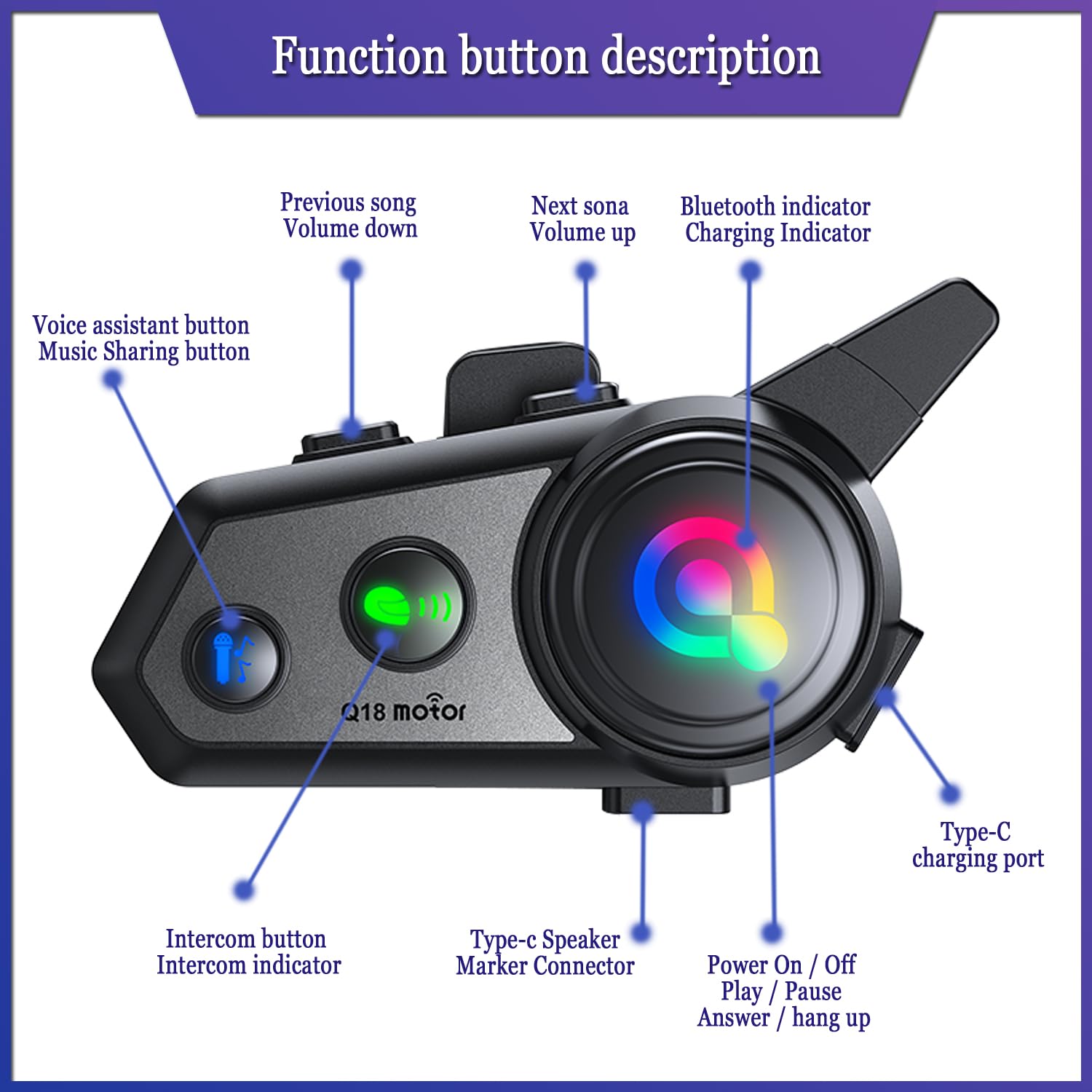 Intercomunicador Bluetooth para Motocicleta,Q18 Intercomunicador de Casco con Música Compartida, 1000m 2 vías Intercomunicador de Moto Reducción de Ruido CVC Respuesta Automática