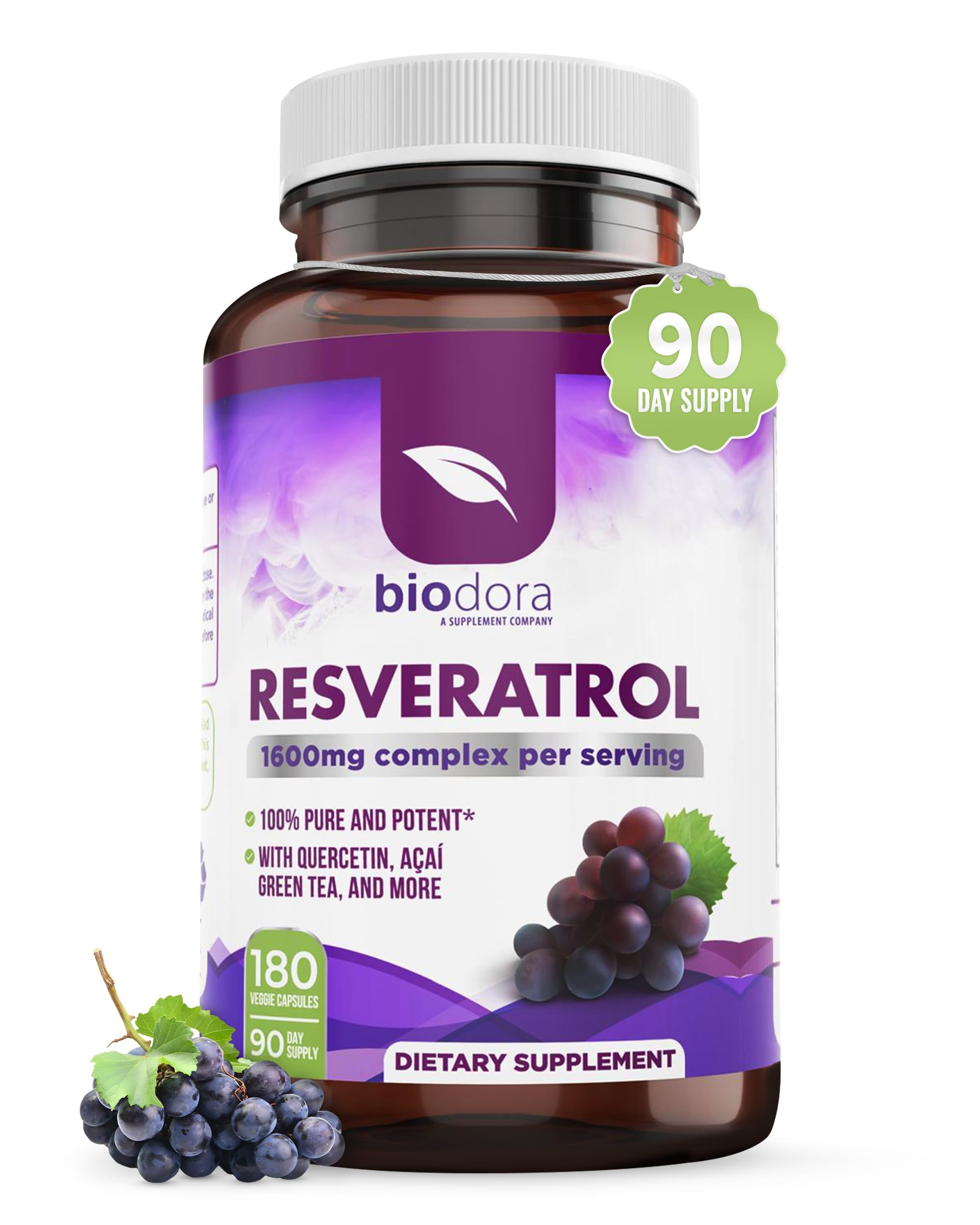 Resveratrol 1600mg, Trans-Resveratrol Antioxidant Supplement with Green Tea, Grape Seed Extract and Quercetin, Helps to Support Digestive Health and Immune System, 180 Capsules