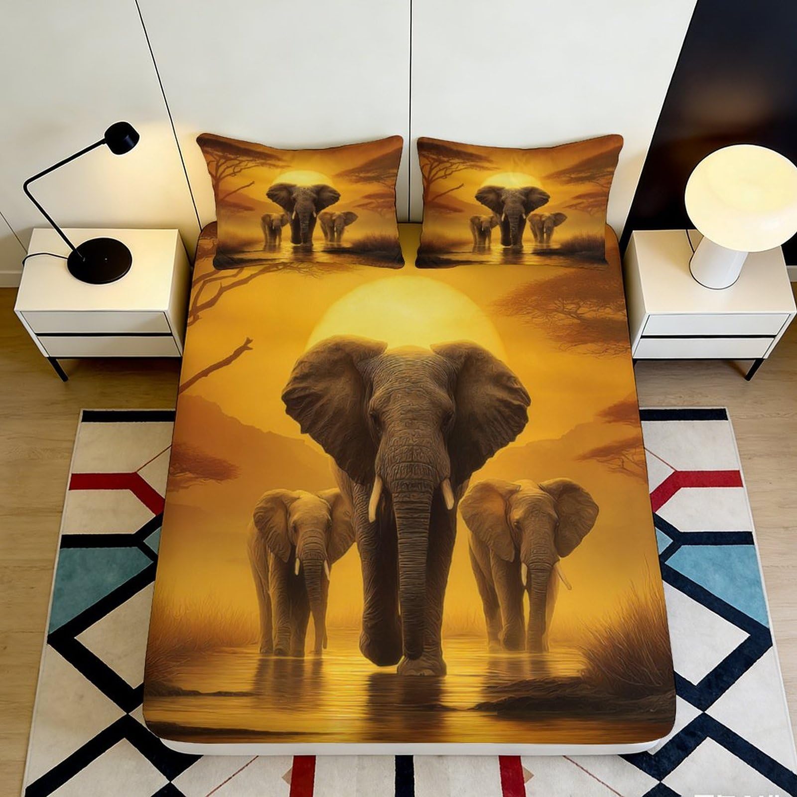 Pnayamiorkfel Style-6 3D Printed Sunset Elephant Fitted Sheet Microfiber Soft Decorative Wildlife Bed Cover For Bedroom Guest Room 90X200x25cm
