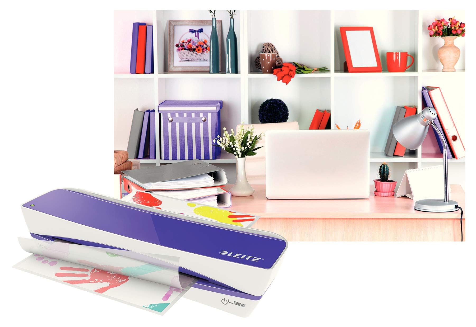 Leitz Laminator A4, do folii do laminowania od 80 do 100 mikronów, idealny do domu w salonie lub własnym biurze, domowym biurze, fioletowym, iLAM Home A4, 73660065