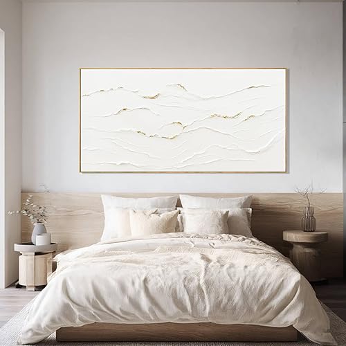 Miniatura 3 de Arte de pared abstracto blanco de línea ondulada grande con marco, pintura minimalista moderna dibujada a mano, póster texturizado para sala de