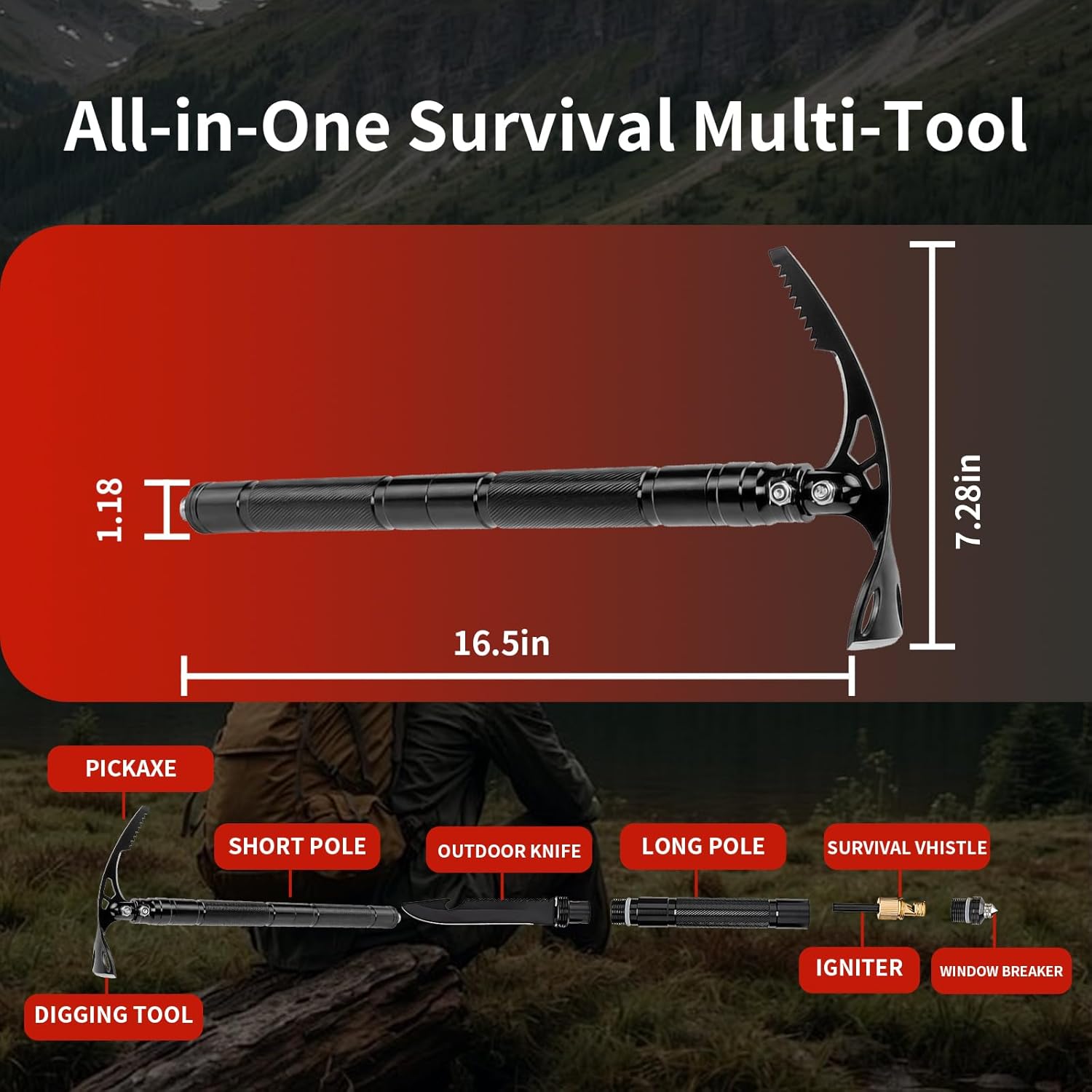 Outdoor Multi-Purpose Disassemblable Double Headed Pickaxe Mattock with Multifunction Garden Hoe and Survival Knife for Camping, Digging, Ice Chipping and Weeding - Survive Tool