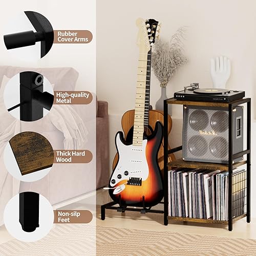 Miniatura 5 de End Table with Guitar Stand,Record Player Stand,Vinyl Records Storage,2-Tier Guitar Stand for Acoustic,Turntable Stand for Music Studio-Brown