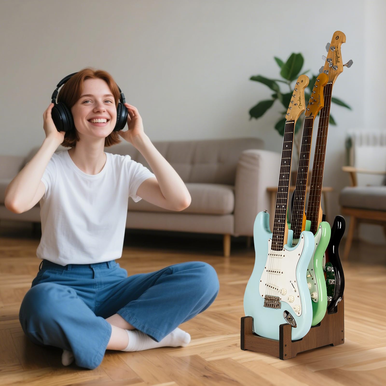 Gitarrenständer aus Holz, 3 Halterungen, platzsparender Gitarrenbodenständer für Zuhause, Musikstudio, Bühne, Walnussholzfarben