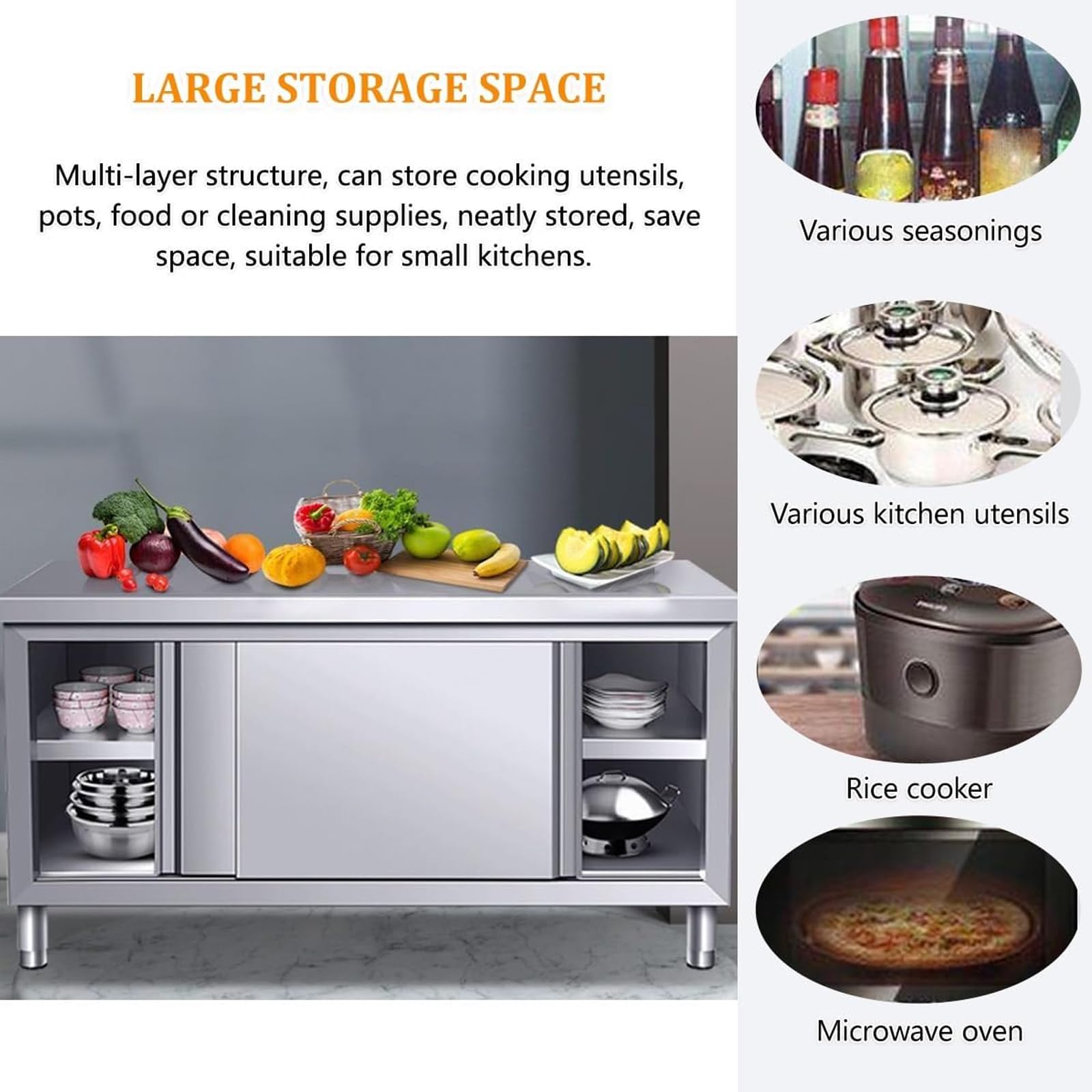 Plan De Travail Cuisine Plaque INOX Cuisine Plan De Travail Meuble INOX Table De Travail en Acier Inoxydable pour Cuisine avec Portes Coulissantes 80x40x80cm