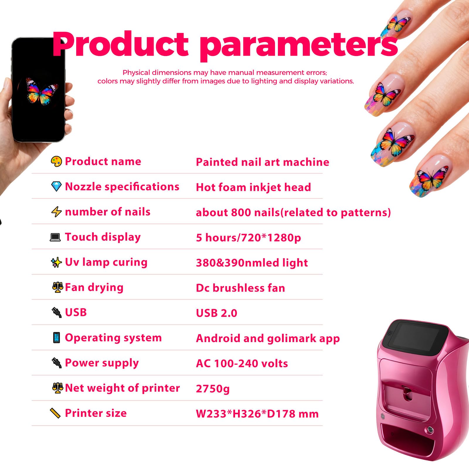Stampante per Unghie Gel, Stampante per Unghie Elettrica, Disegno rapido 10s, Stampante per Unghie con App e Bluetooth, Stampante per Unghie Professionale, per DIY,Studi per Unghie Pink