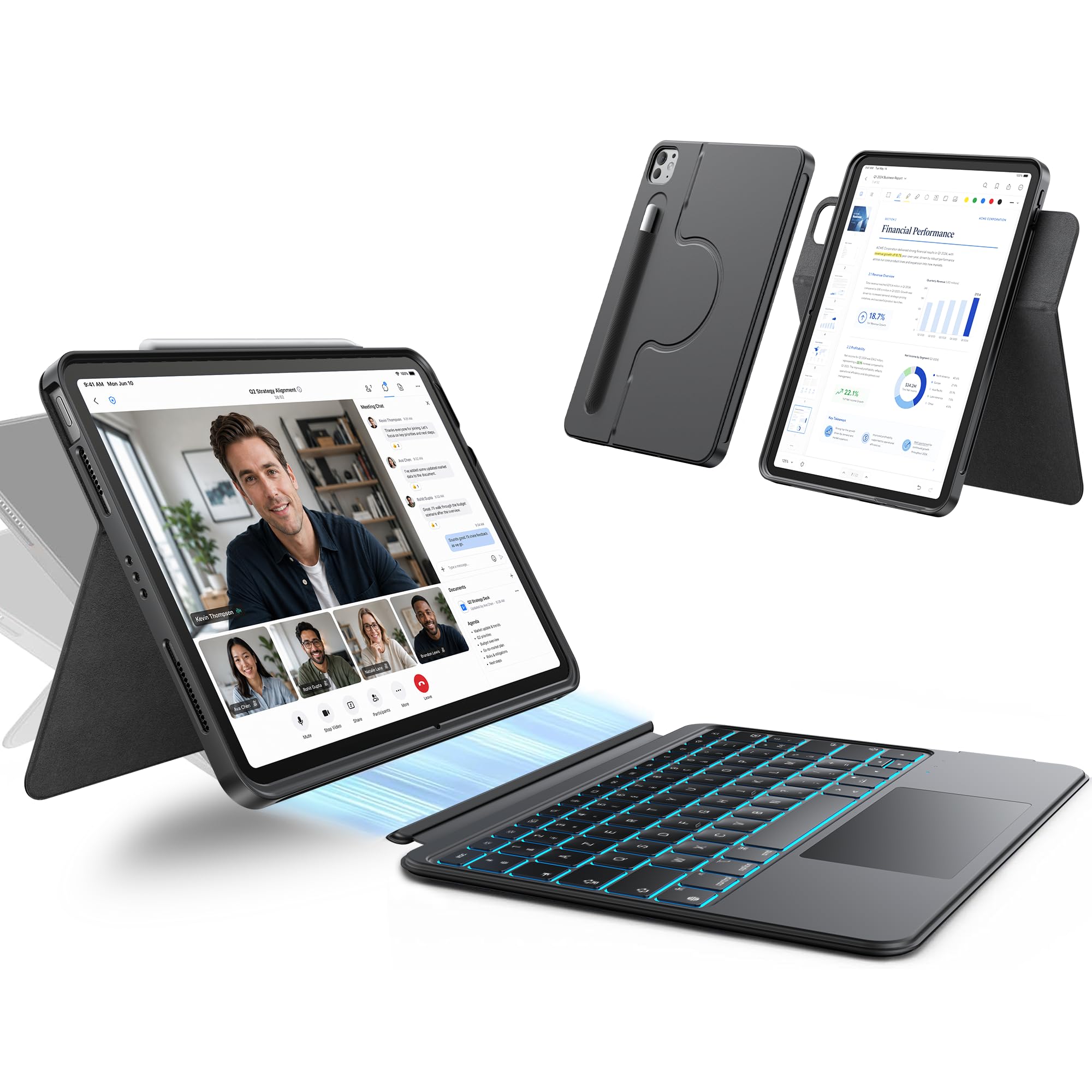 HOU Clavier Rotative pour iPad Air 13" M4/M3/M2, Coque Magnétique Détachable avec Clavier pour iPad Pro 13" M5/M4 et Pro 12.9" 6e/5e/4e/3e génération, avec Pavé Tactile, Rétroéclairage - Noir