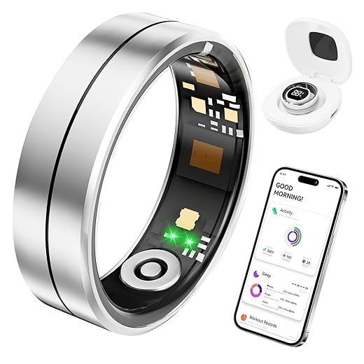 Fvtga Smart Health Ring for Women & Men, Fitness Tracker with Heart Rate, Blood Oxygen & Sleep Monitoring, IP68 Waterproof, Digital Charging Case, No Subscription Fees, for iOS & Android (Silver, 8)
