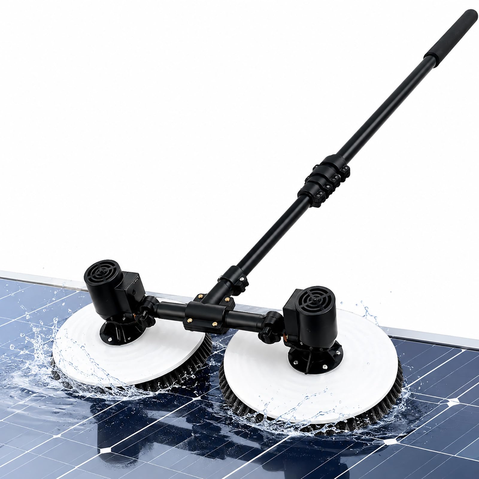 vnmudzeo Solar Panel Maintenance Cleaning Brush – Dual Head Electric PV Panel Washer with Nylon Bristles, Water Fed Pole and 65cm Wide Cleaning Path 7.5m(24.6ft)
