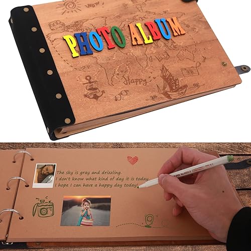 Miniatura 7 de Álbum de portada de letras estéreo de talla de madera retro con 30 páginas para álbum de fotos familiar autopegado de bricolaje.
