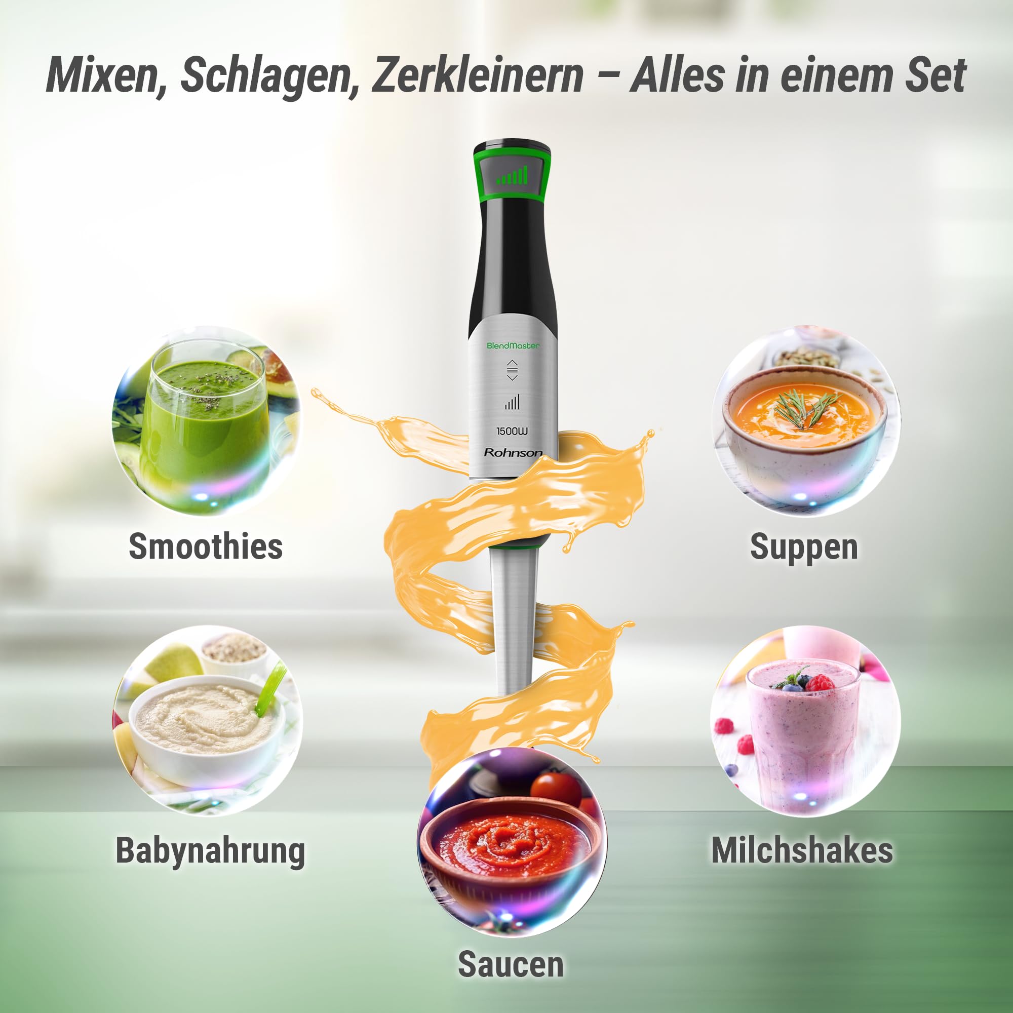 Rohnson BlendMaster R-5750 Stabmixer mit 1500 W, Vario-Blade-Technologie und Tiefenregelung, inklusive Schneebesen, Messbecher und Zerkleinerer, Spiralkabel