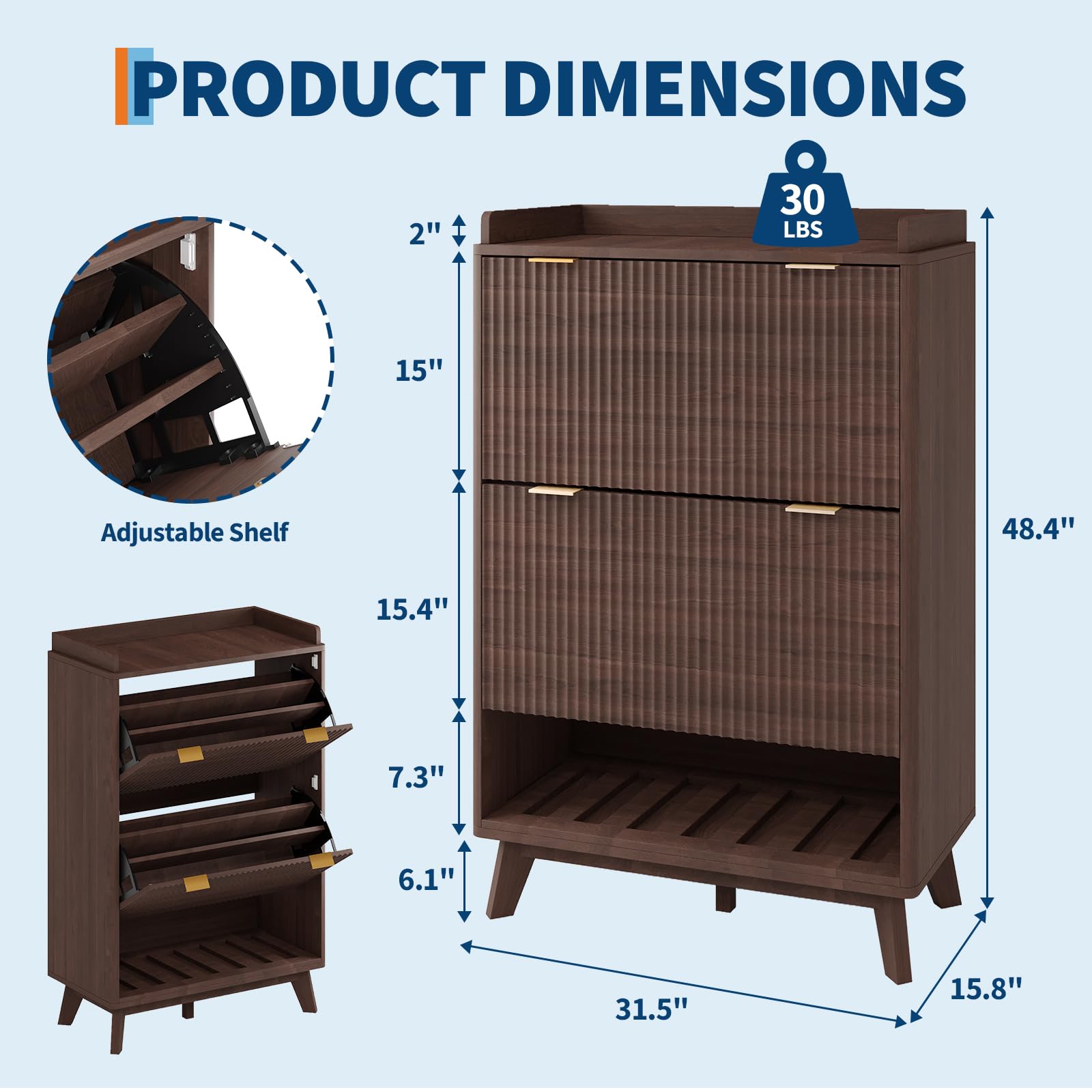Schmaler Schuhschrank für Flur & Diele, 122 cm hoch – 2 Klappfächer mit verstellbaren Einlegeböden, offenes Bodenfach, abgerundete Rillenfront, freistehend – Schwarz-Nussbaum