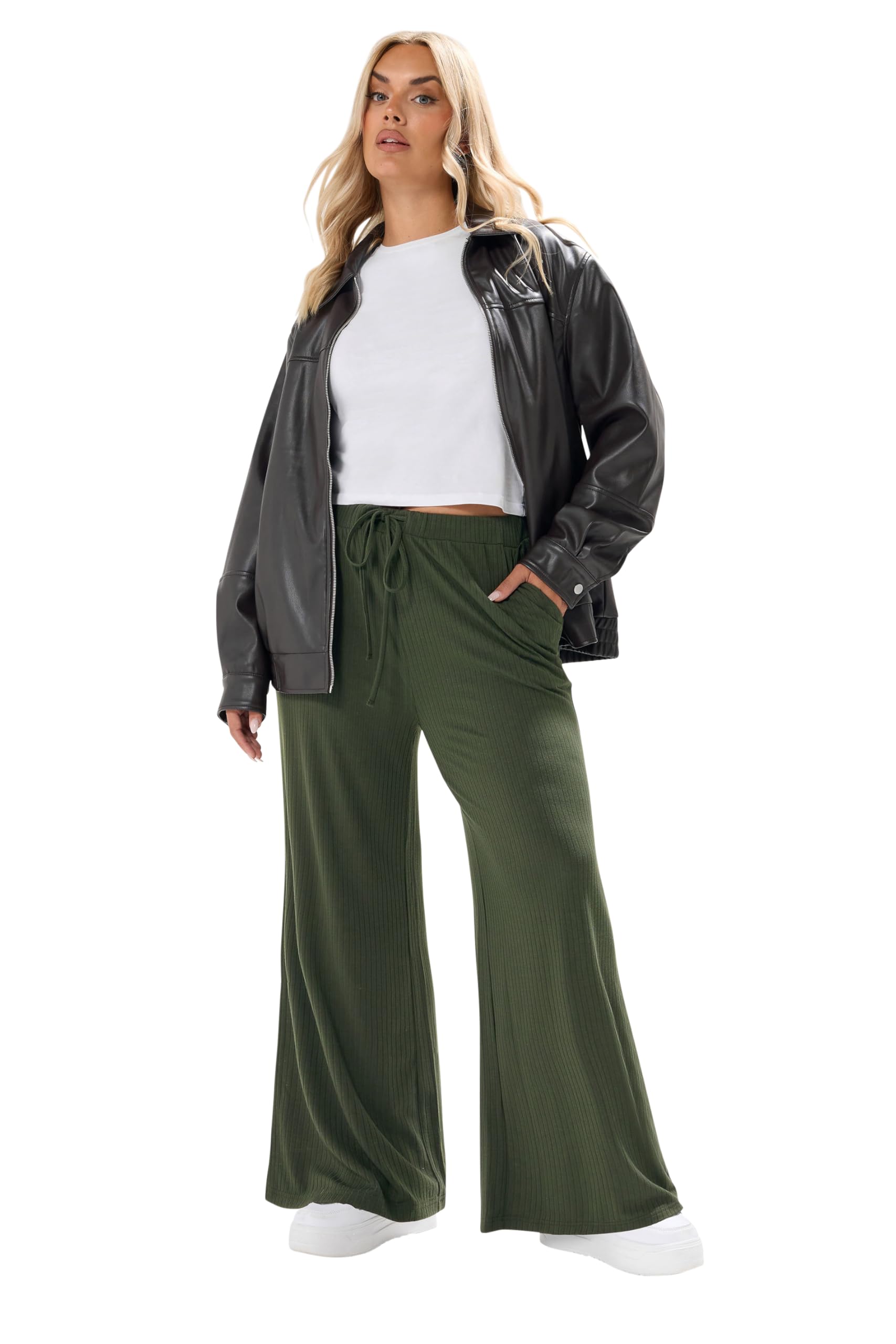 Yours Women's Dark Green Ribbed Wide Leg Trousers In | : Size 20
