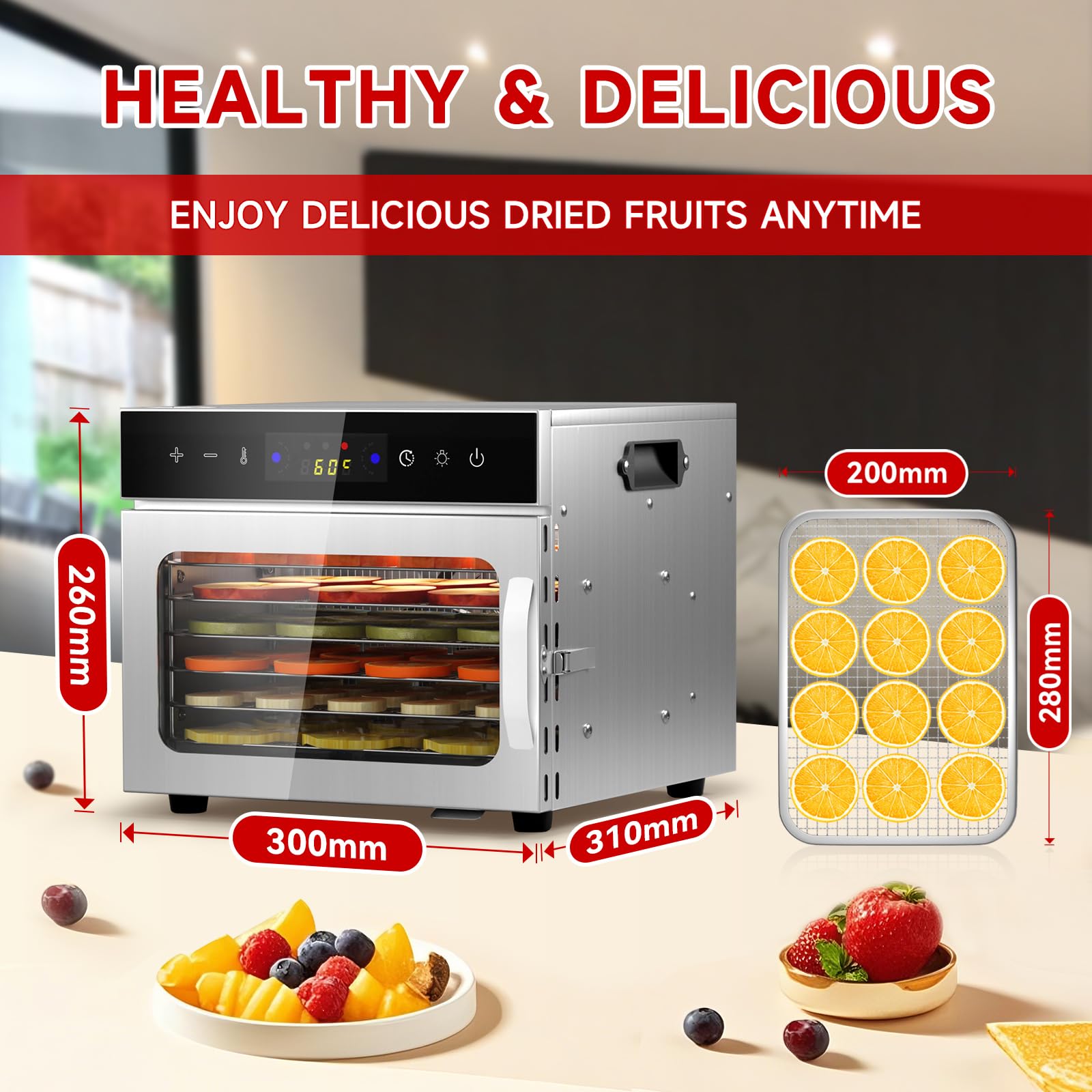 6 Plateaux Deshydrateur Alimentaire en Acier Inoxydable, avec Température Réglable 30 à 90°C et Minuterie Numérique (0-24h), pour Fruits, Poisson, Légumes, Viande, Jerky, Herbes (6 Plateaux)