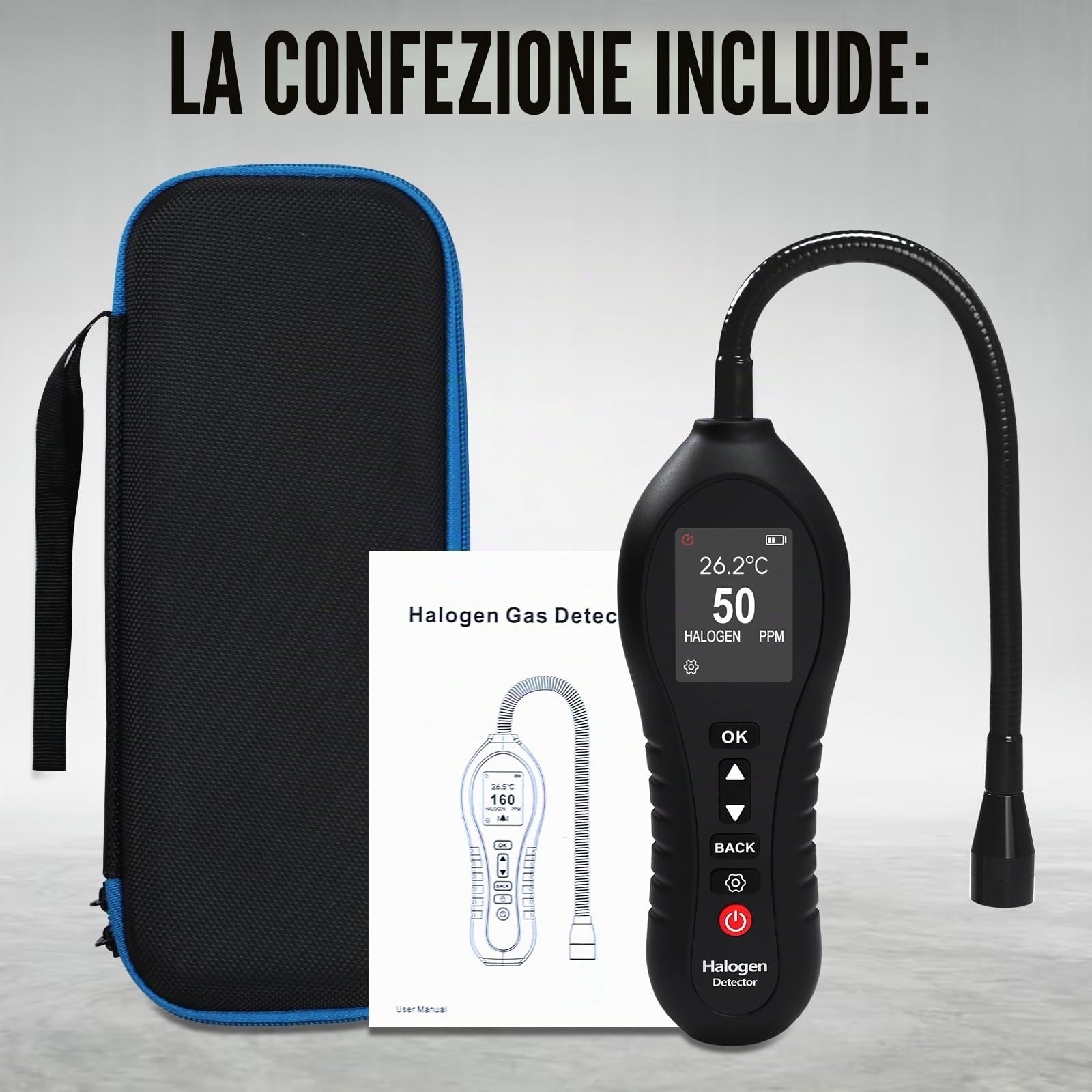 Rilevatore di perdite di refrigerante HVAC Freon Sniffer con sonda flessibile da 25,4 cm, gamma 0-1000 PPM, schermo colorato, per sistemi automobilistici e climatizzati (CFC, HCFC e HFC)