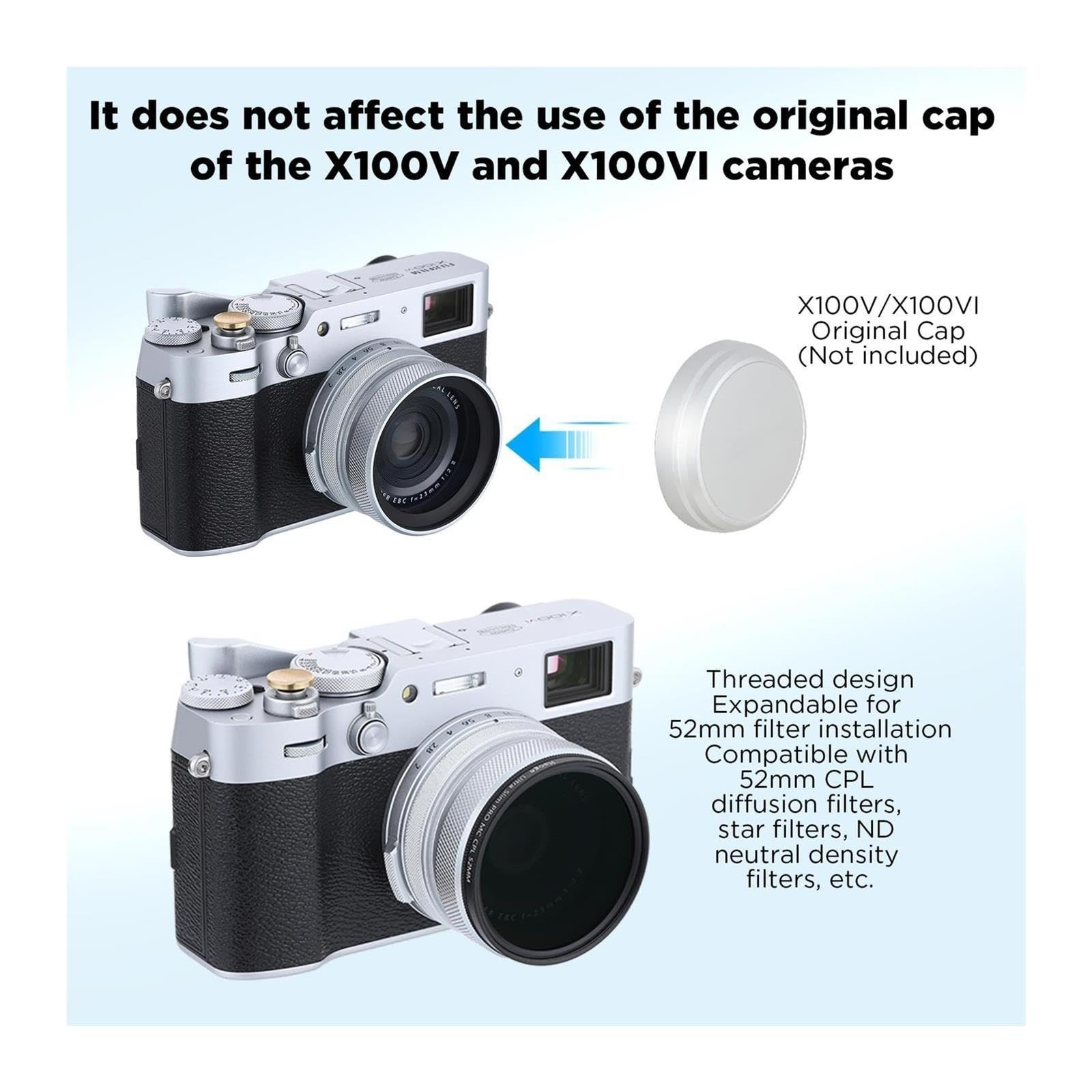 Parasol de Metal LUV-X54W con Filtro de Lente Multicapa MC UV Compatible con cámara Fujifilm X100VI X100V(Silver)