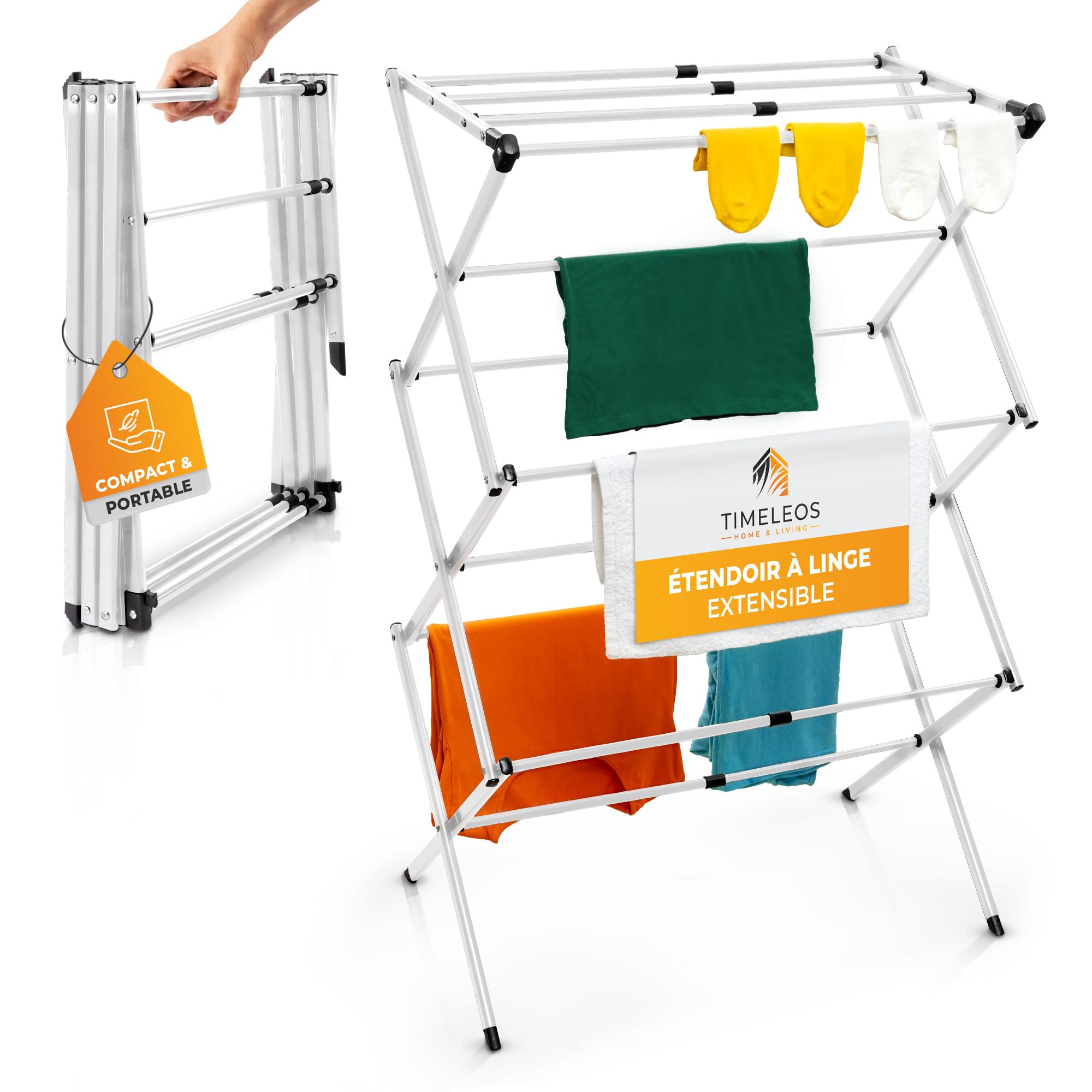 Etendoir Linge Interieur Pliable - Sechoir a Linge Extensible, Robuste & Peu encombrant, 6 Niveaux avec 11 Barres, Tour à Linge Pliable et Extensible, seche Linge Durable, Blanc