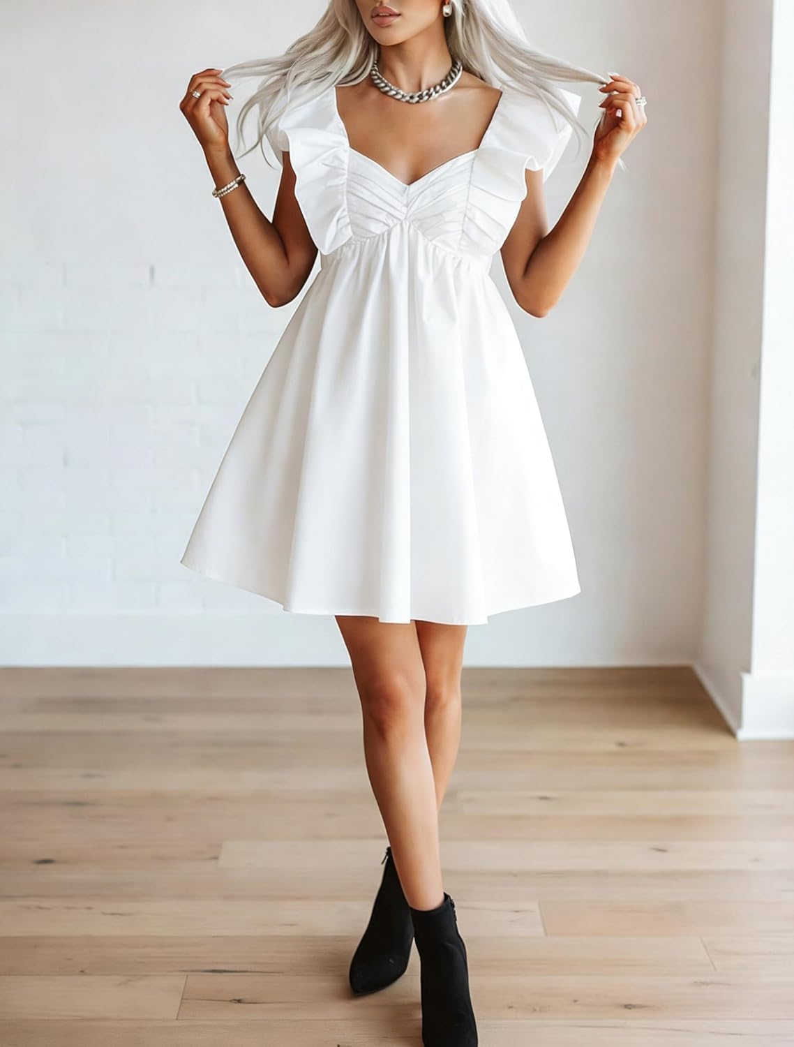 Women's Bow Mini Dress Deep V Neck Short Puff Sleeve Babydoll Dress Romantic Holiday Bowknot Casual Going Out Dress - Image 5