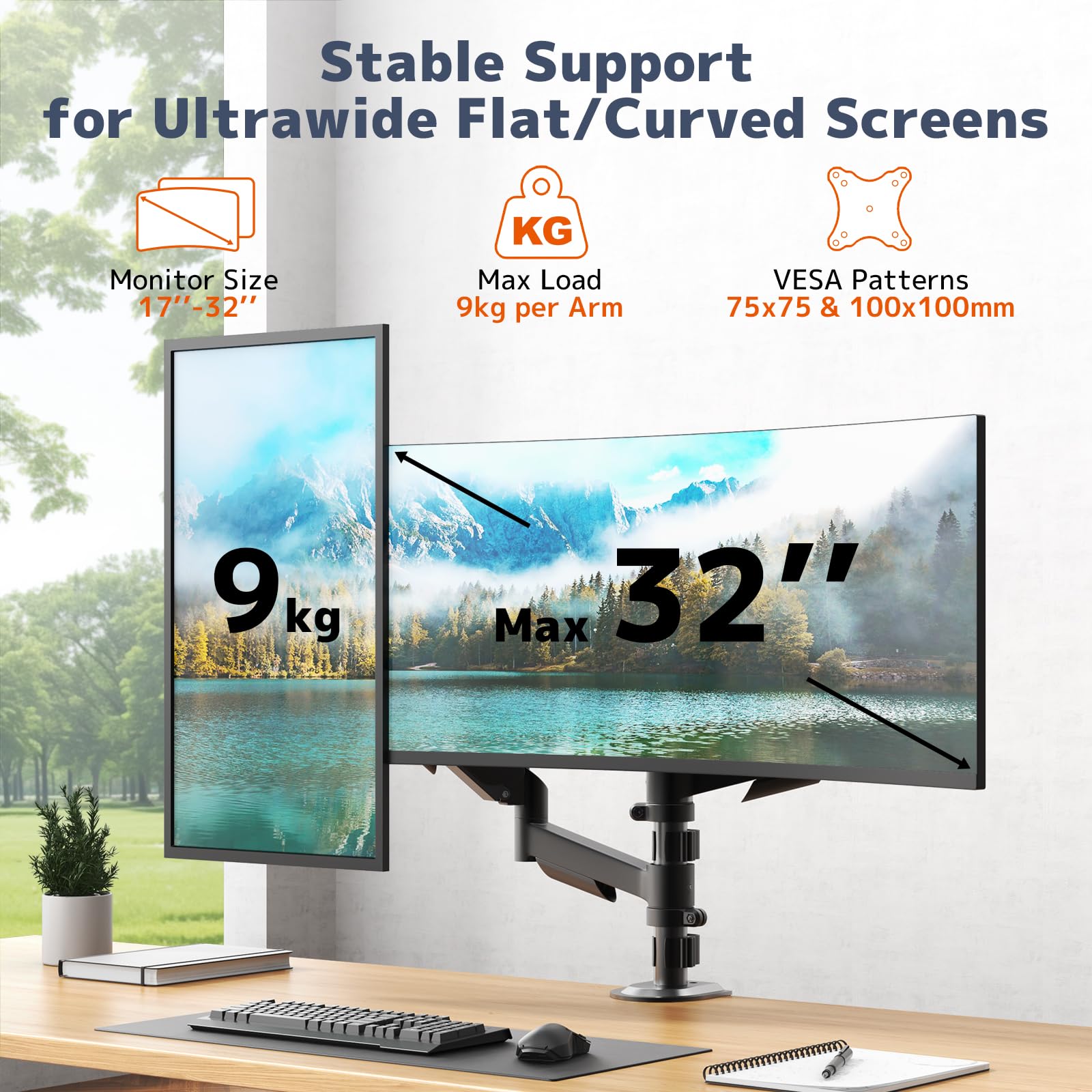 Supporto per Monitor PUTORSEN 2 Monitor per Schermi da 17-32 Pollici, Supporto per Monitor 2 Monitor Regolabile in Altezza con 9 kg per Braccio, VESA 75/100 mm