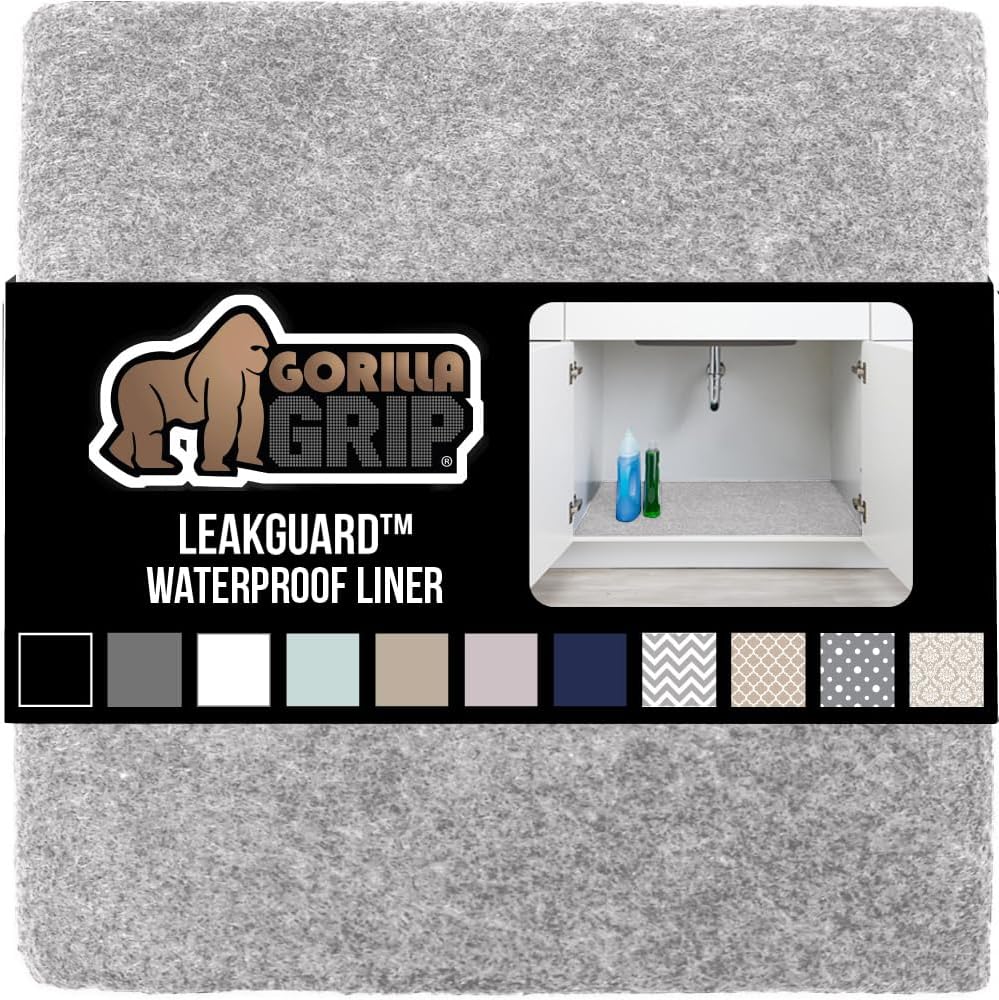 GORILLA GRIP LeakGuard Non-Adhesive Under Sink Mat for Kitchen Cabinet, 24x60, Waterproof Quick Dry Shelf Liner, Durable Absorbent Felt Mats for Bathroom Sinks, Cabinets, Dresser, Easy Trim Light Gray