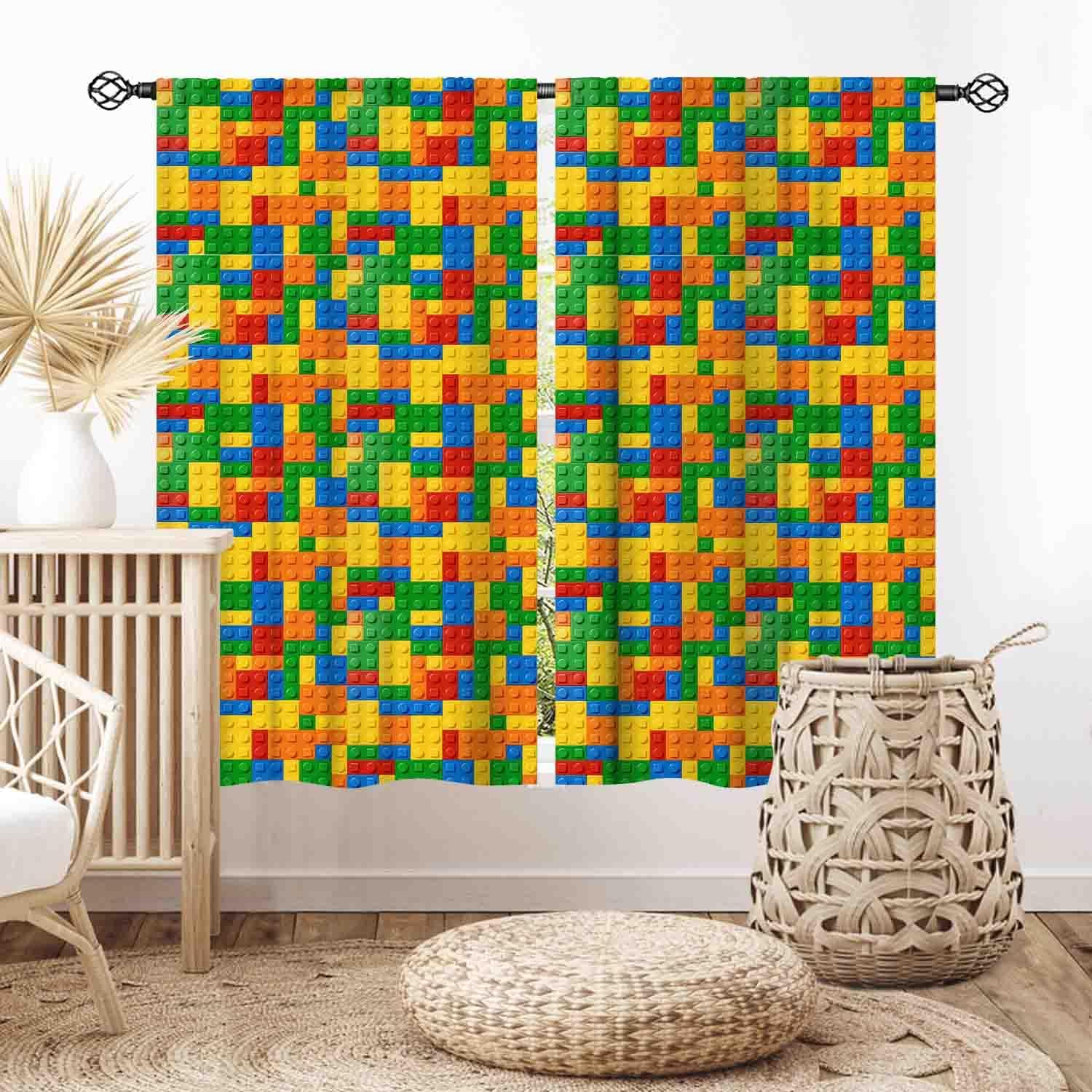 Kids Boys Curtains for Bedroom, Colorful Building Blocks Plastic Brick Pattern Abstract Contour Printed Blackout Drapes for Boys Room Living Room Nursery Party Decor 2 Panels, 42"x63" Inch