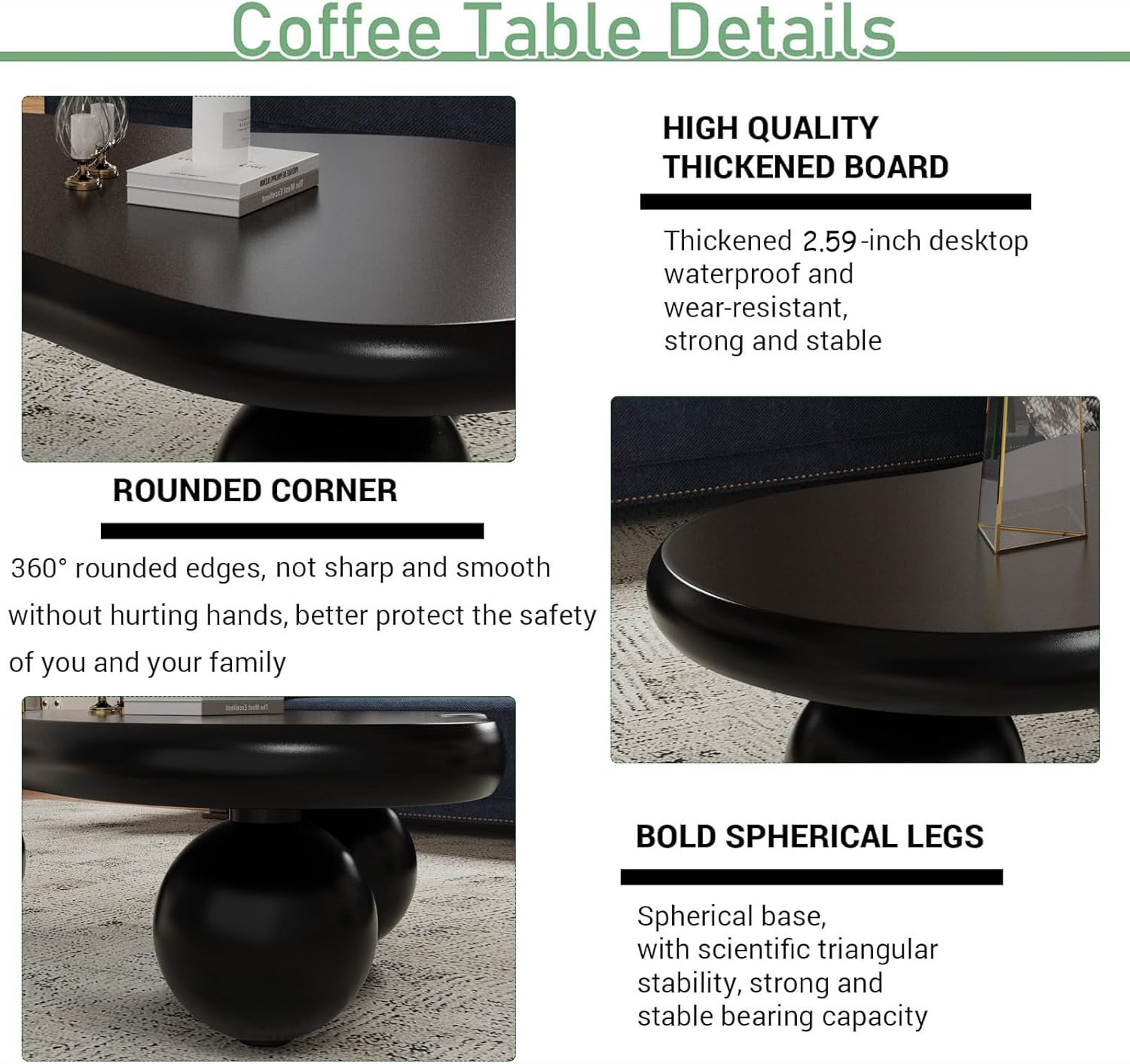 Cloud Shape Coffee Table Modern Wooden Irregular Cute Central Wavy Center Table, Indoor End Tables Black Coffee Tables with 3 Ball Legs for Living Room Bedroom (D46IN)