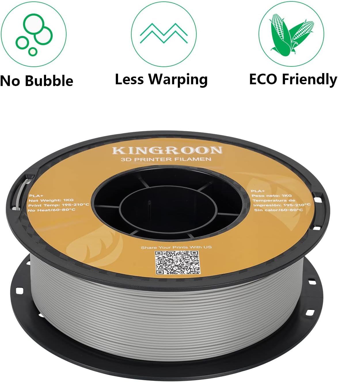 Kingroon PLA Plus（PLA+） 3D Printer Filament, 10 Rolls, Dimensional Accuracy +/- 0.03 mm, 10kg Spool(22lbs), 1.75 mm, Gray