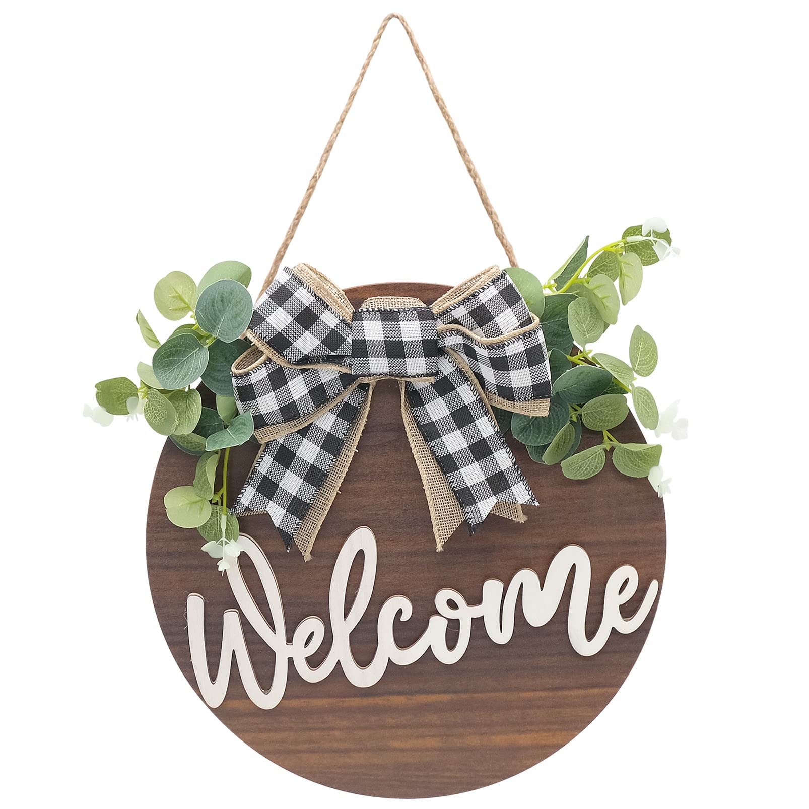Letrero de Bienvenida Puerta Frontal Señal Madera Redonda Colgante Coronas de Bienvenida con Lazo y Flores para Casa de Campo Porche Decoración de La Puerta Delantera, 30 x 30 cm